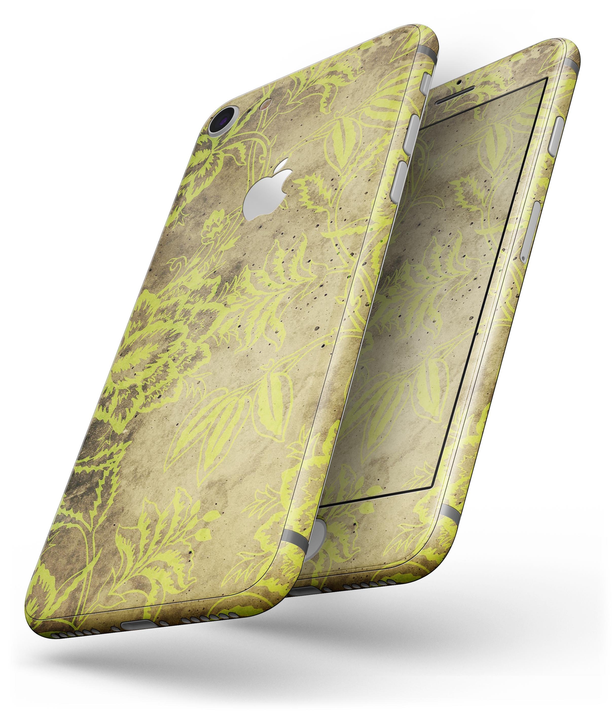 Brown and lime green floral damask pattern skin for iPhone 8, showcasing vibrant colors and intricate design.