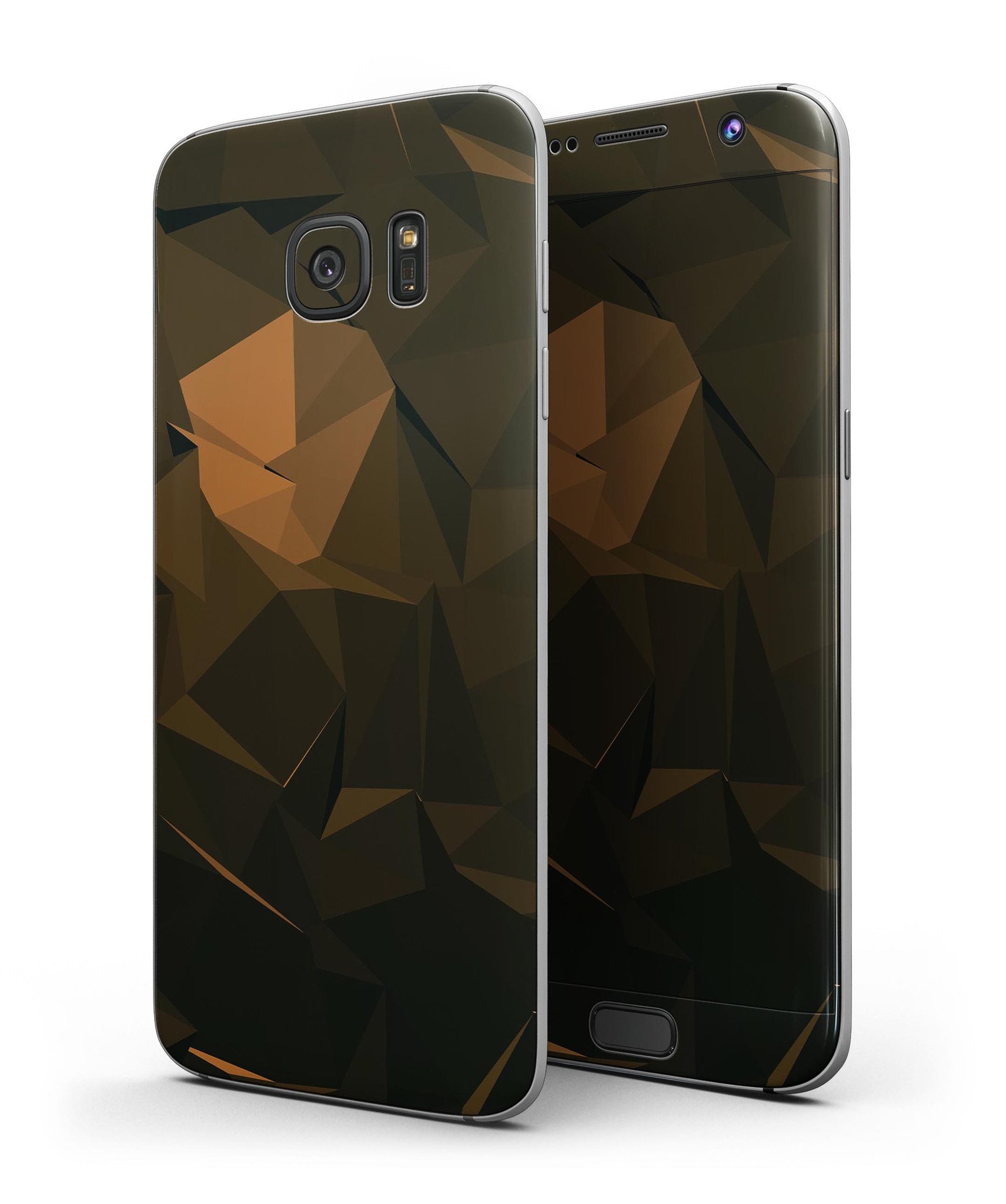 Brown and orange abstract shapes skin kit for Samsung Galaxy S7 and S7 Edge, showcasing vibrant design and full-body coverage.