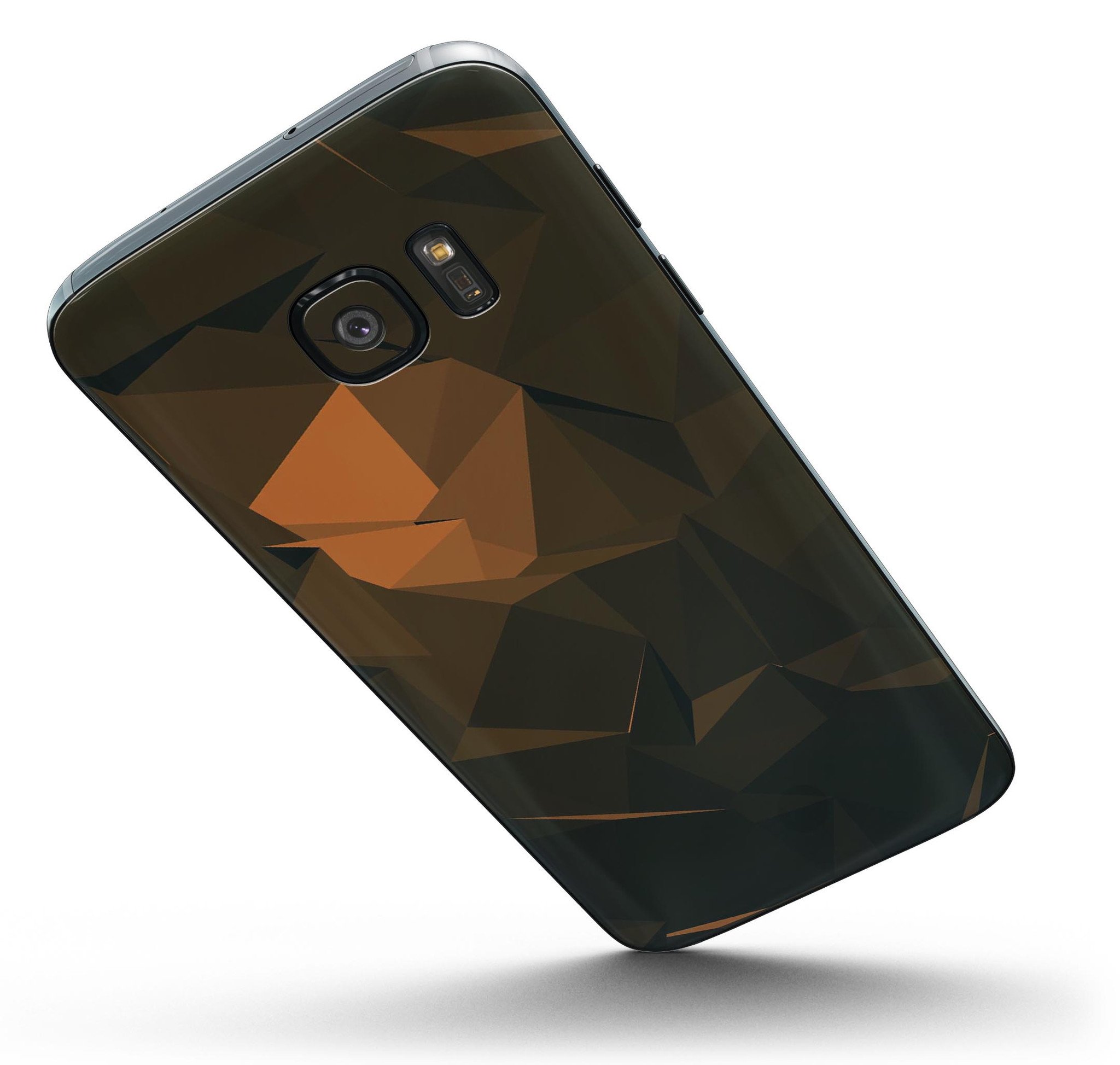 Brown and orange abstract shapes skin kit for Samsung Galaxy S7 and S7 Edge, showcasing vibrant design and full-body coverage.