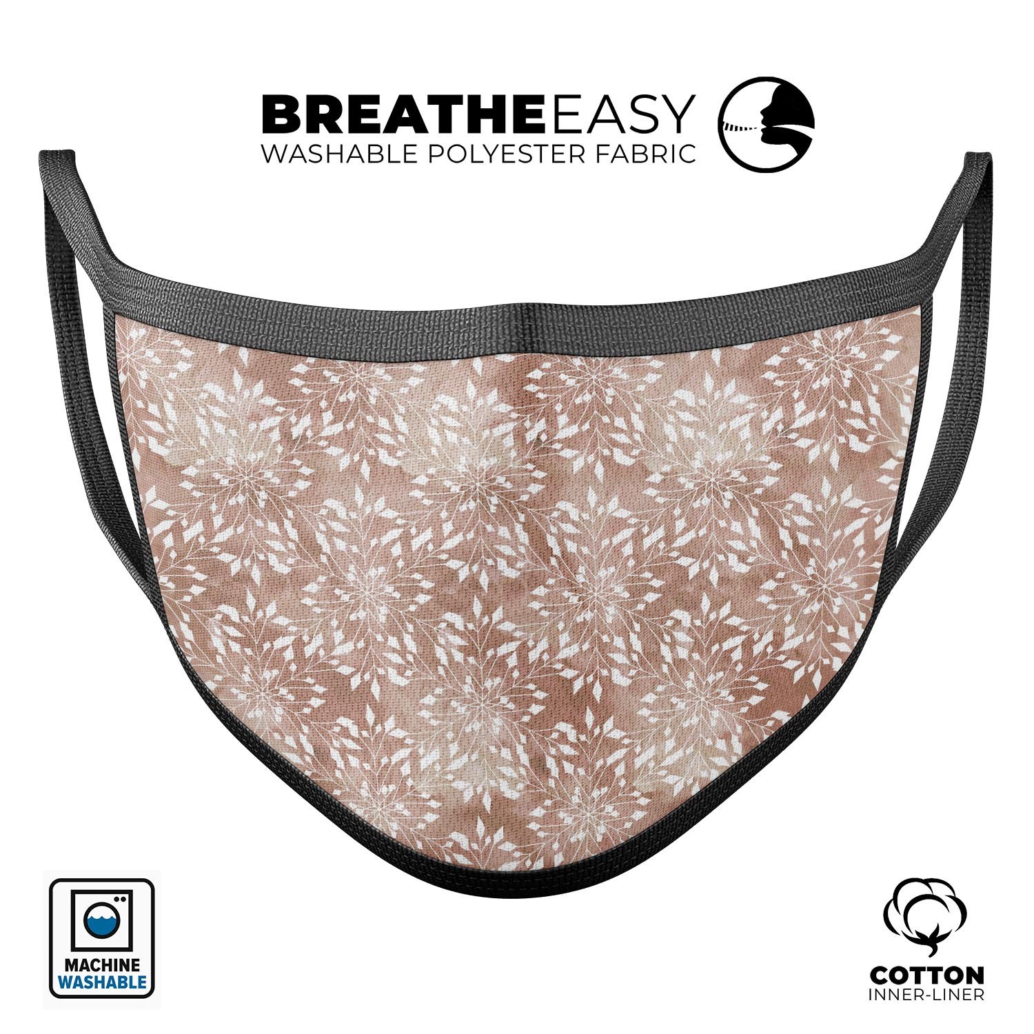 Brown and white fractal pattern mouth cover, showcasing a stylish design with adjustable ear loops for a comfortable fit.