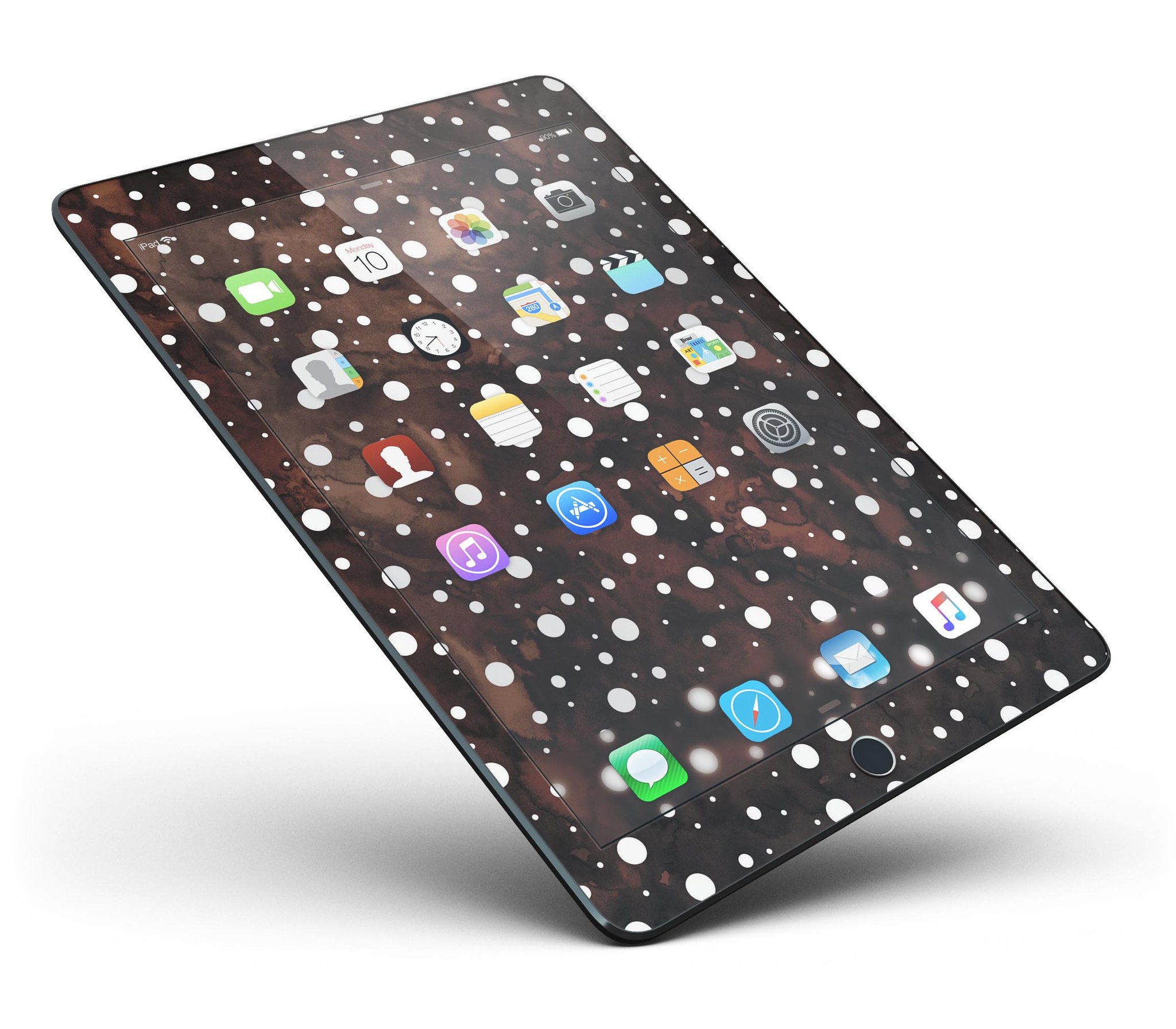 Brown and white watercolor polka dots skin for iPad Pro, showcasing a stylish design that wraps around the device for full-body protection.