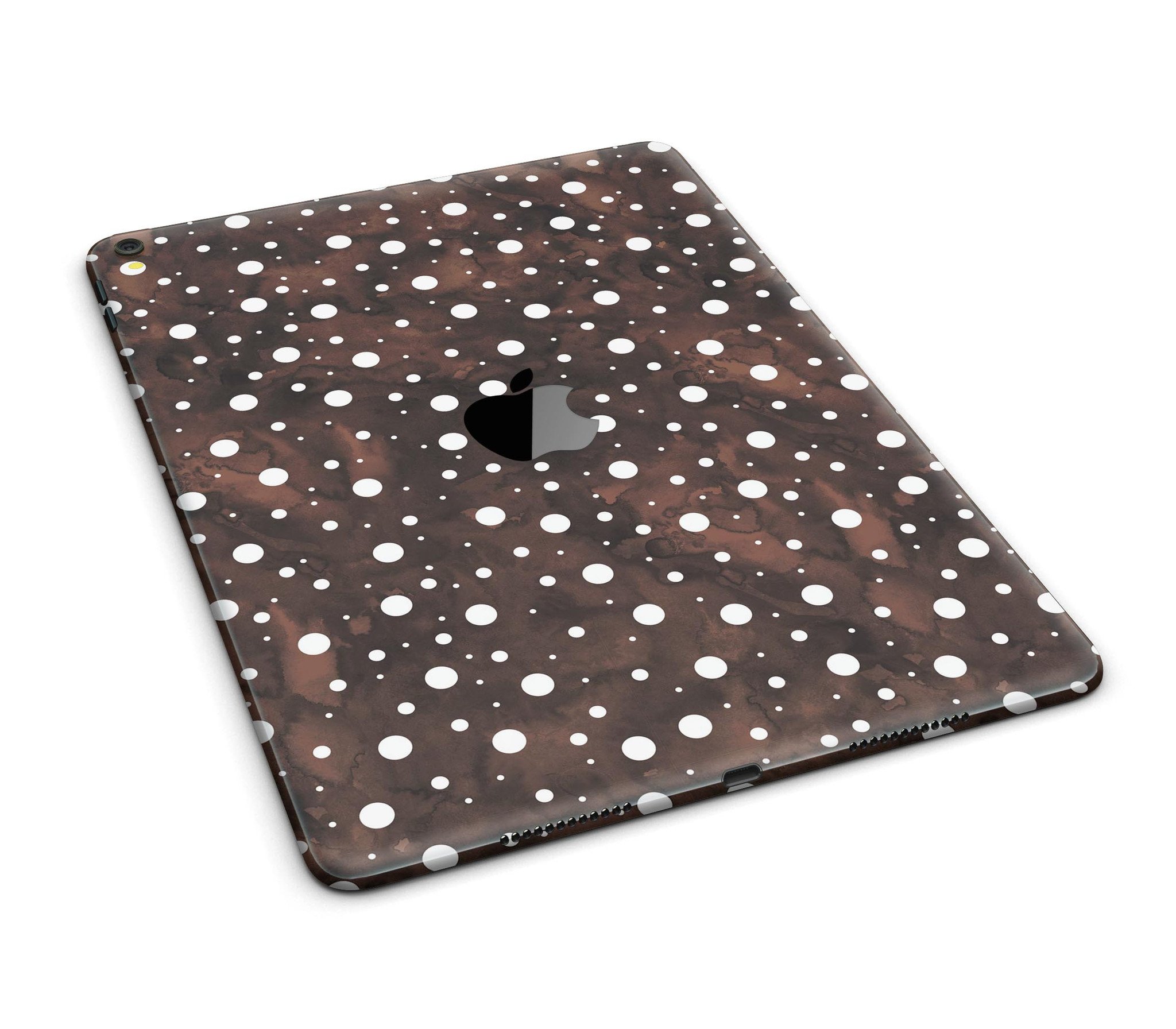 Brown and white watercolor polka dots skin for iPad Pro, showcasing a stylish design that wraps around the device for full-body protection.