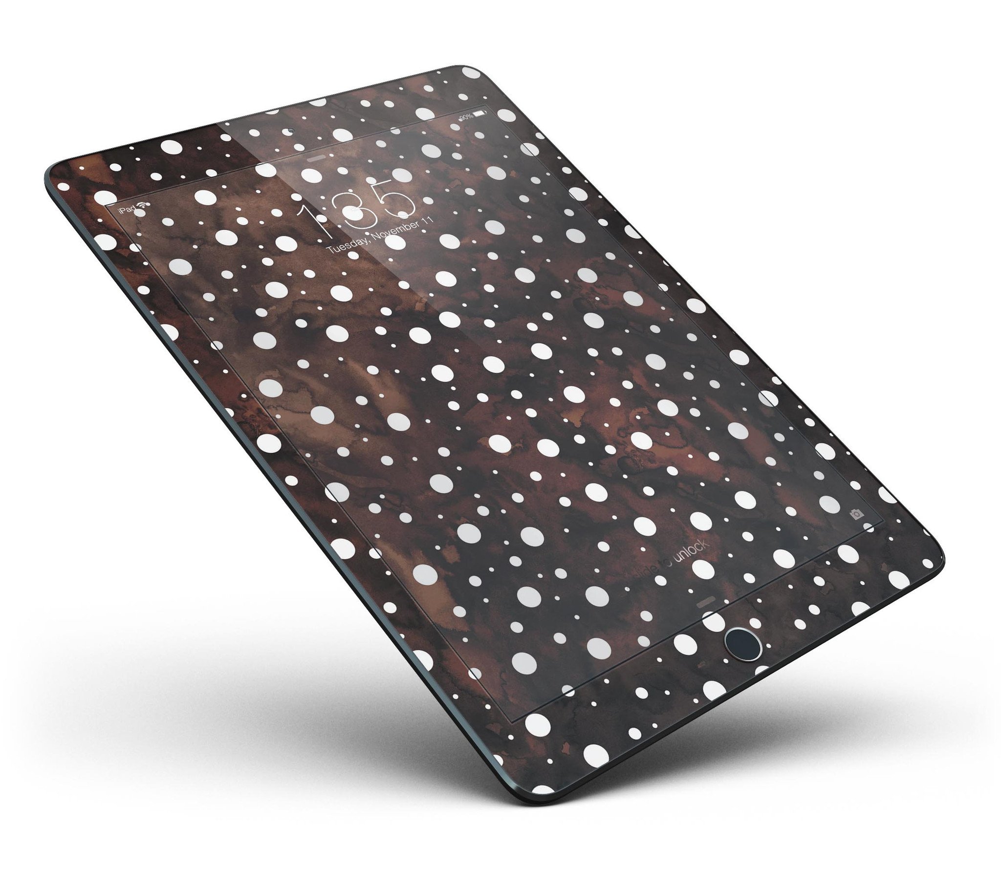 Brown and white watercolor polka dots skin for iPad Pro, showcasing a stylish design that wraps around the device for full-body protection.