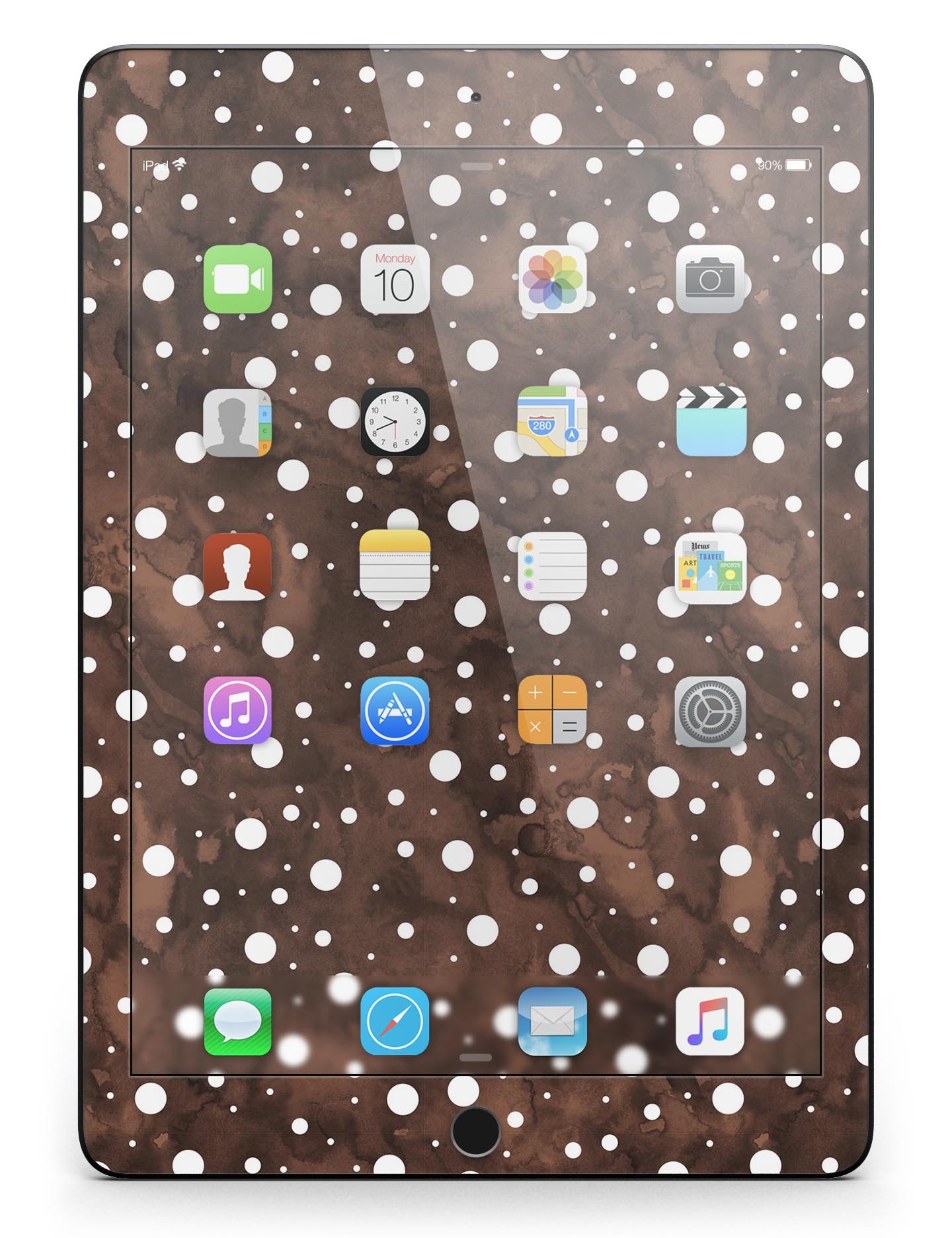 Brown and white watercolor polka dots skin for iPad Pro, showcasing a stylish design that wraps around the device for full-body protection.