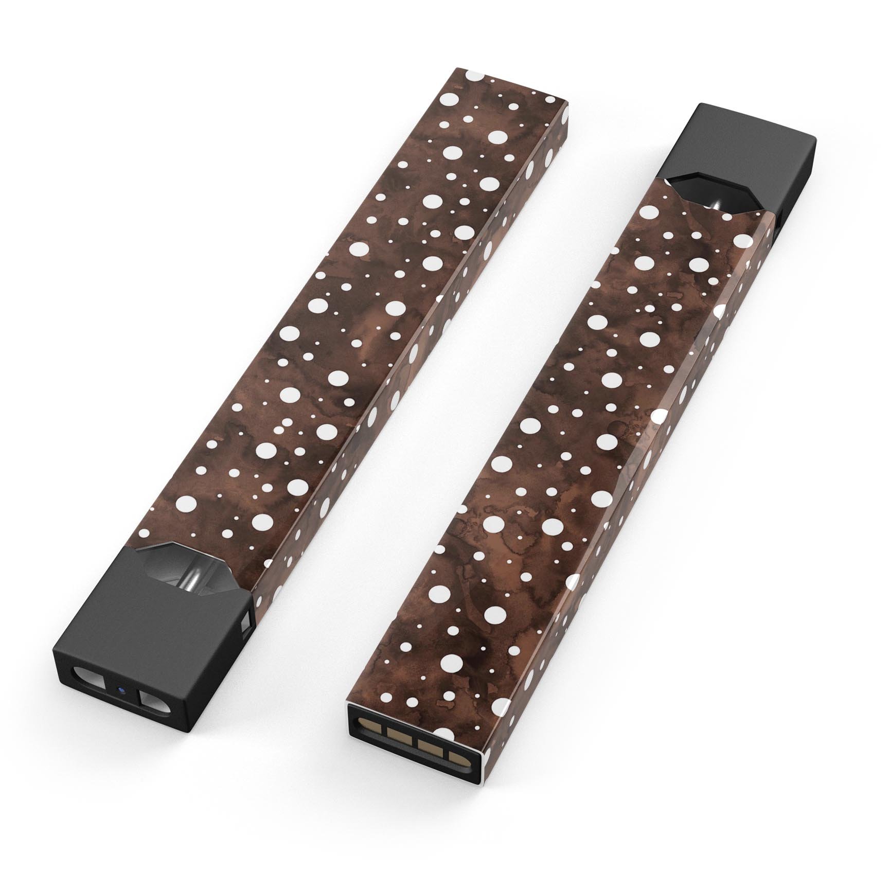 Brown and white watercolor polka dots decal skin for JUUL vaping device, showcasing vibrant colors and a stylish design.