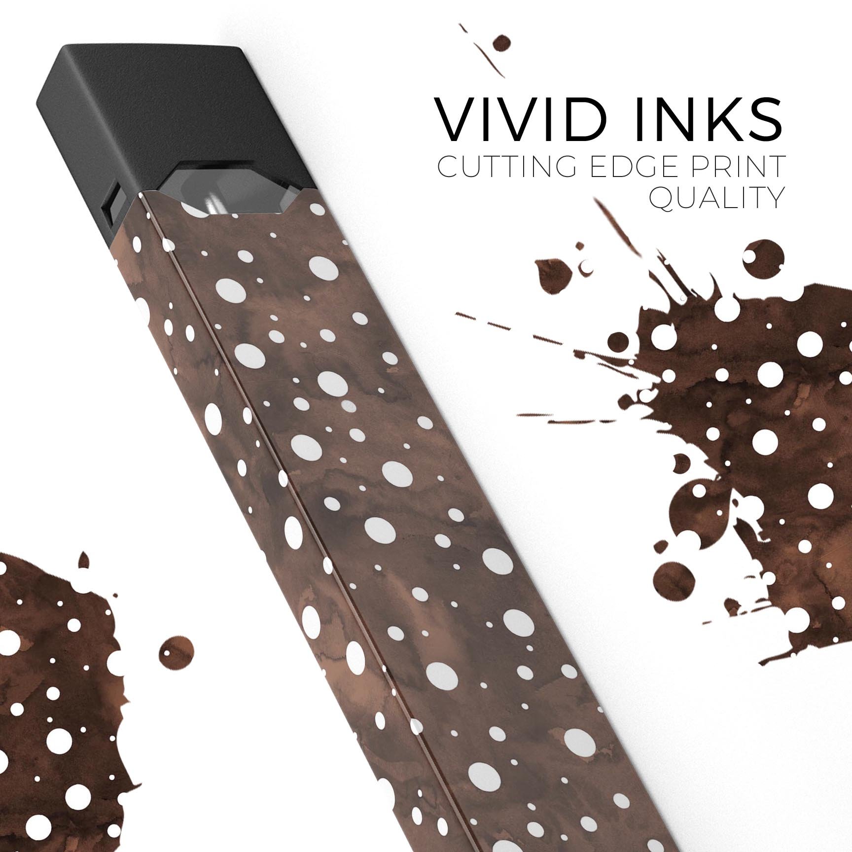 Brown and white watercolor polka dots decal skin for JUUL vaping device, showcasing vibrant colors and a stylish design.