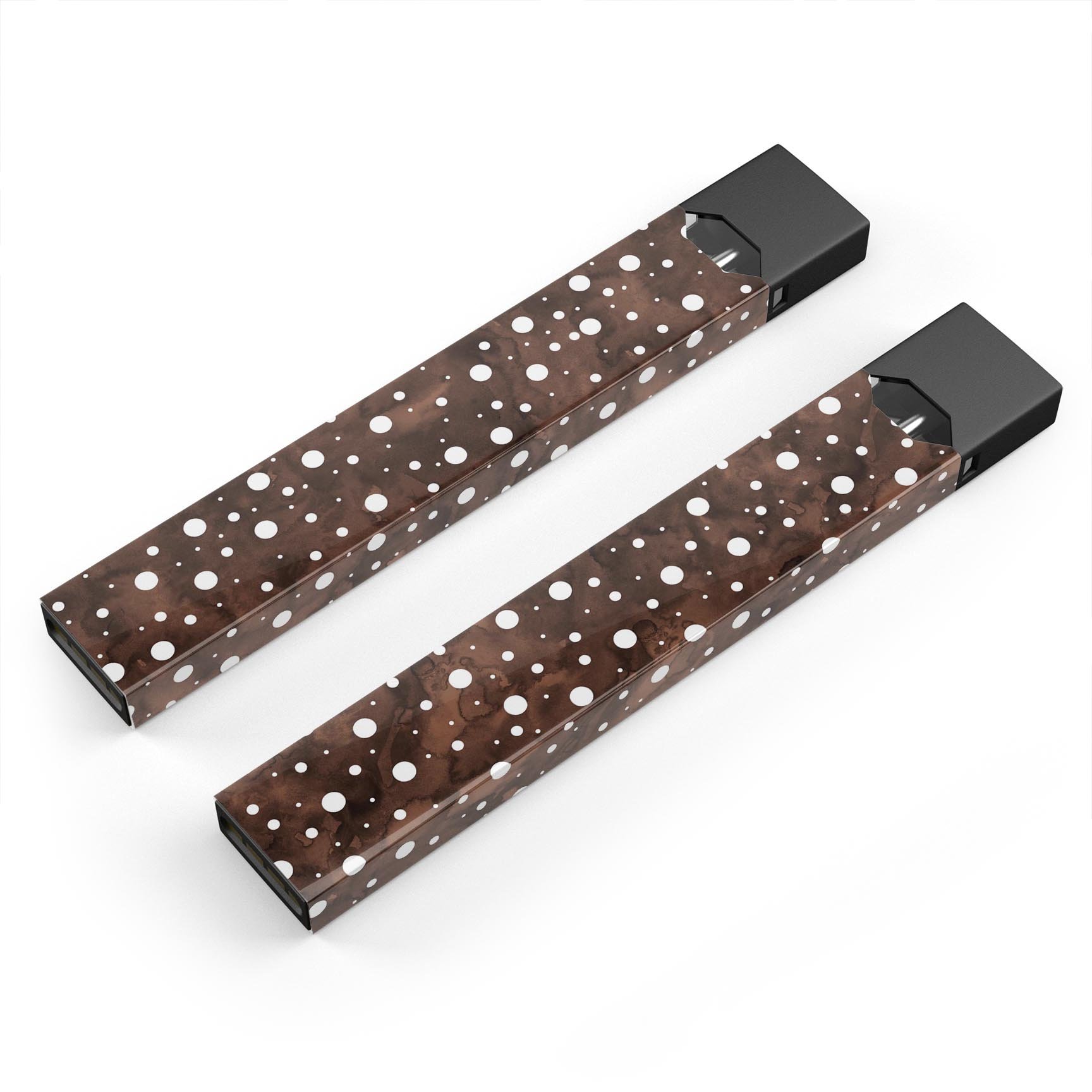 Brown and white watercolor polka dots decal skin for JUUL vaping device, showcasing vibrant colors and a stylish design.