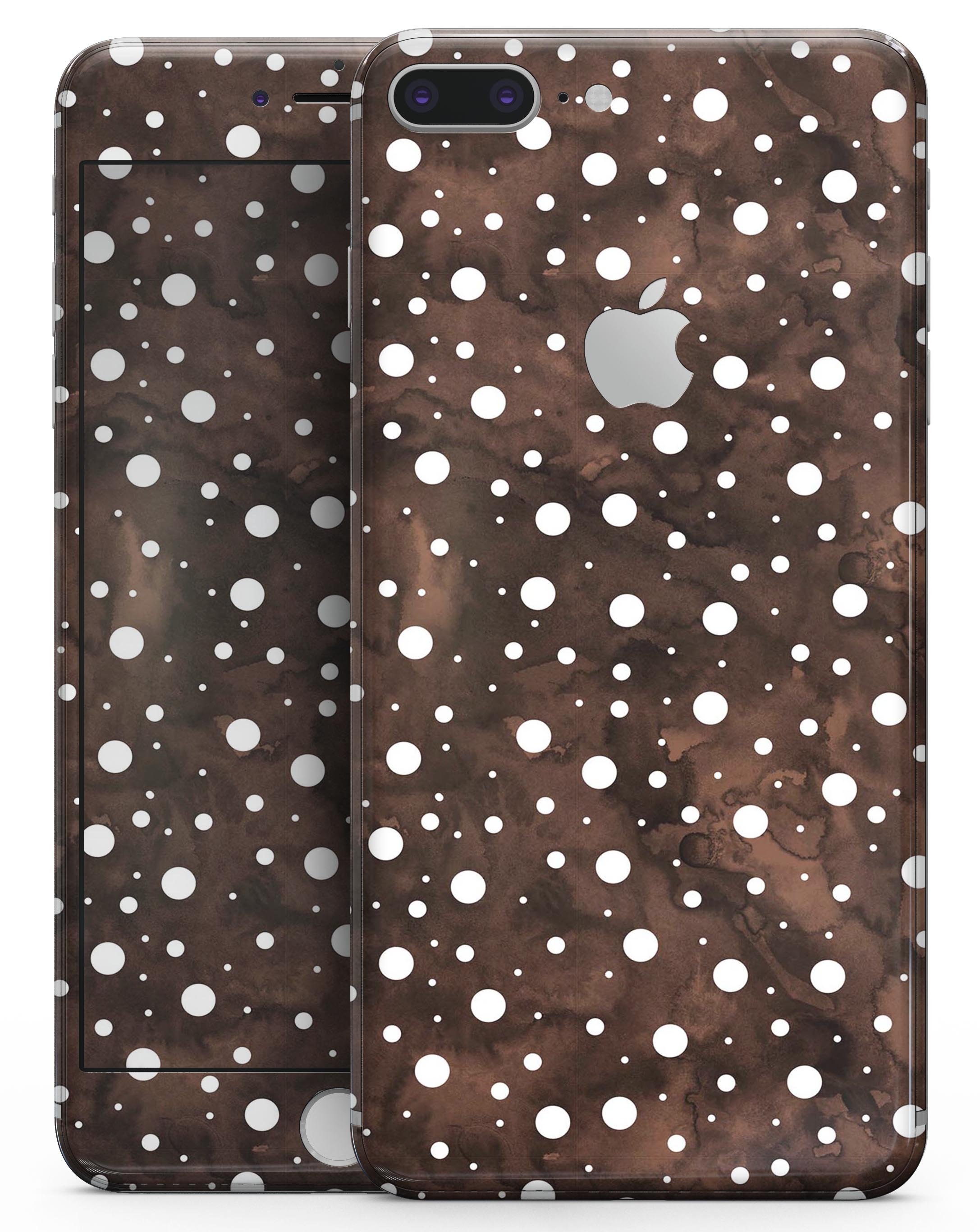 Brown and white watercolor polka dots skin for iPhone 8 and 8 Plus, showcasing a stylish design with a smooth finish.
