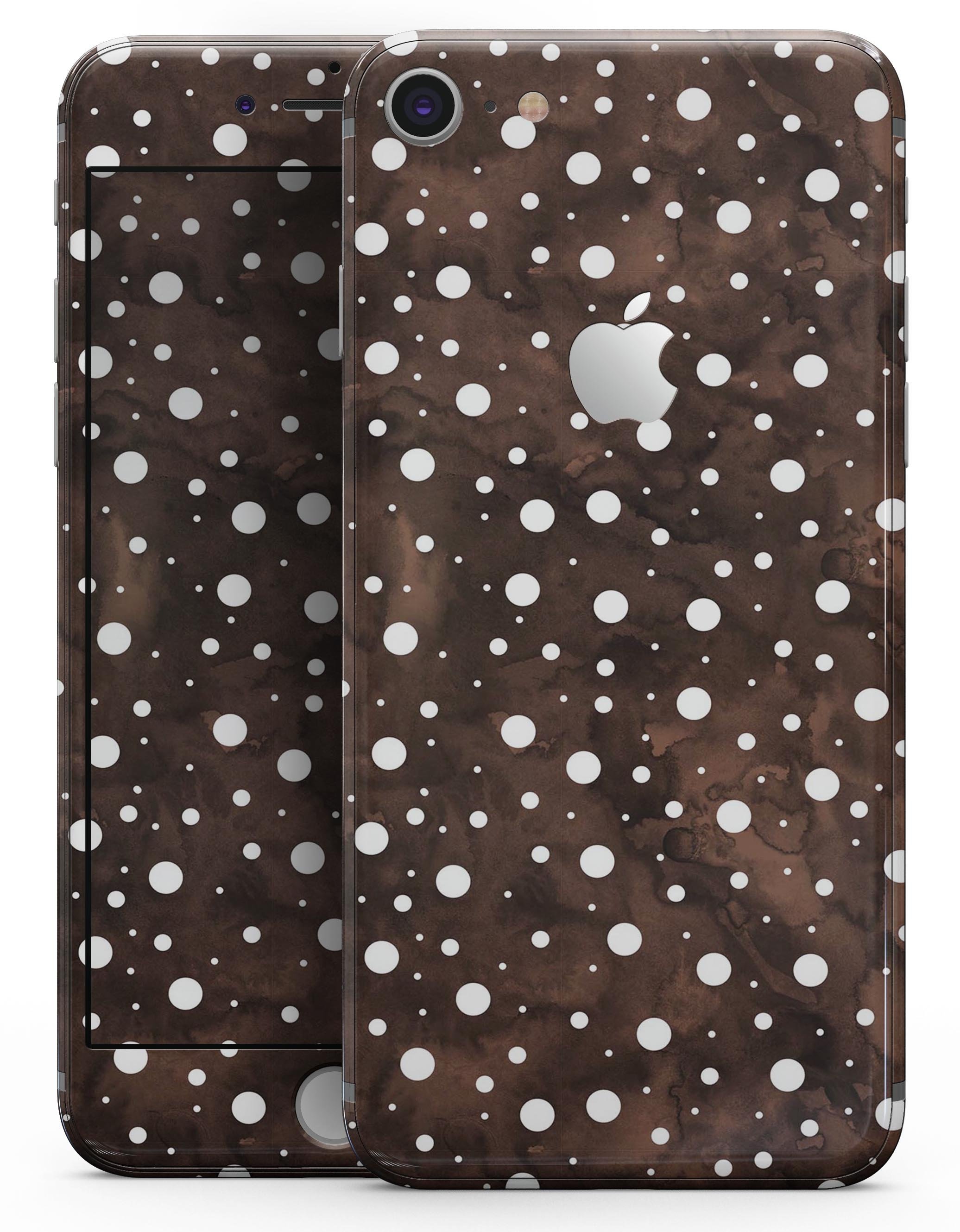 Brown and white watercolor polka dots skin for iPhone 8 and 8 Plus, showcasing a stylish design with a smooth finish.