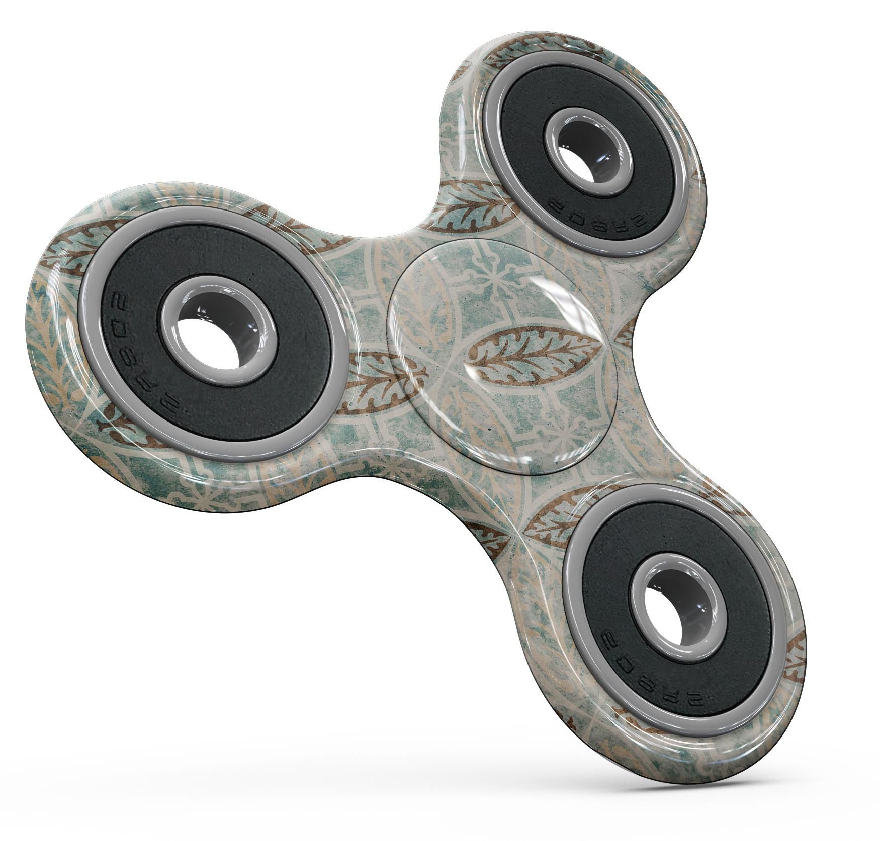 Brown, blue, and tan full-body fidget spinner skin featuring a stylish circle leaf pattern, designed for durability and easy application.