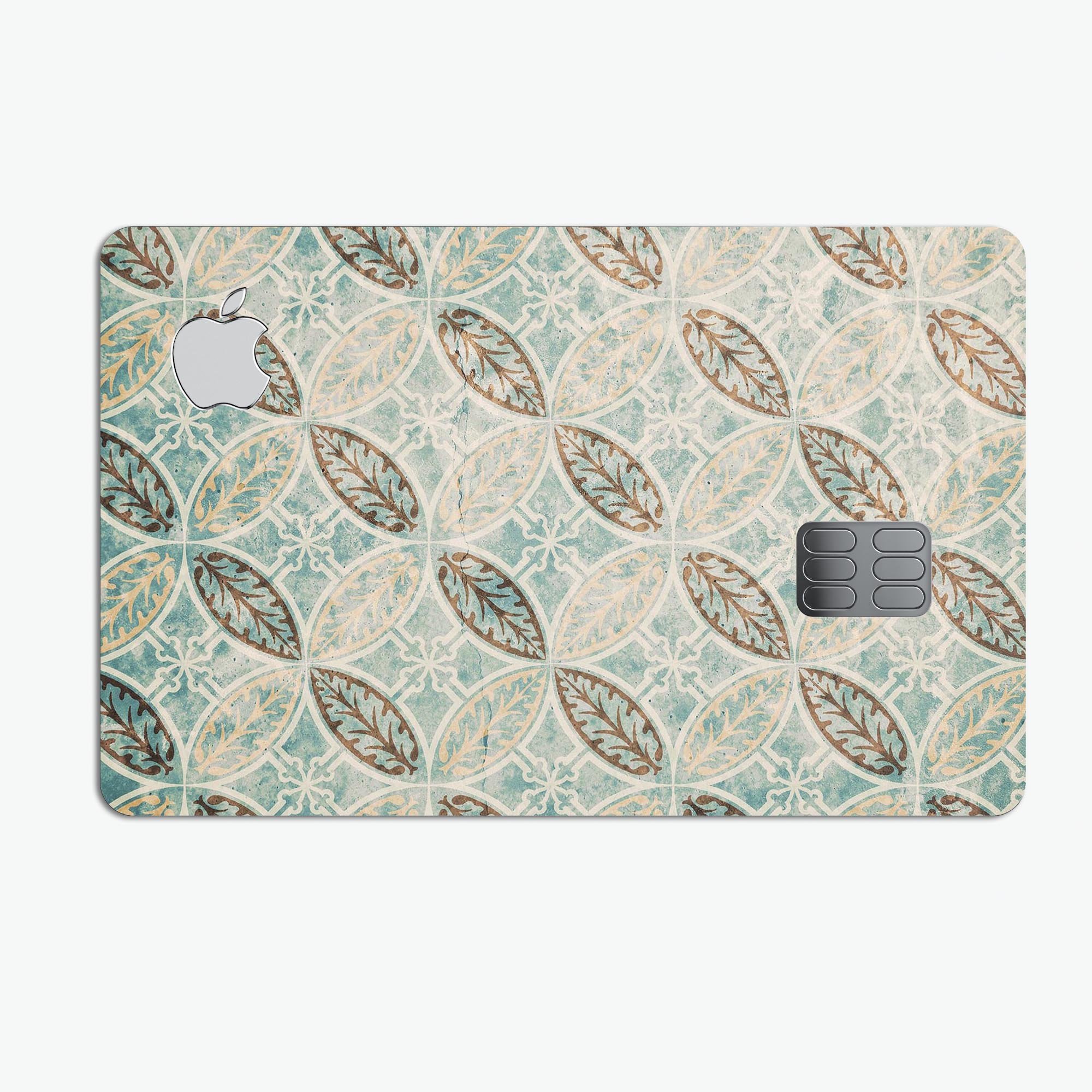 Brown Blue and Tan Circle Leaf Pattern decal for Apple Card, showcasing a stylish design that offers protection.