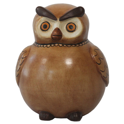 Handmade brown ceramic owl bank, featuring a cute round design, crafted from natural clay by Peruvian artisans.