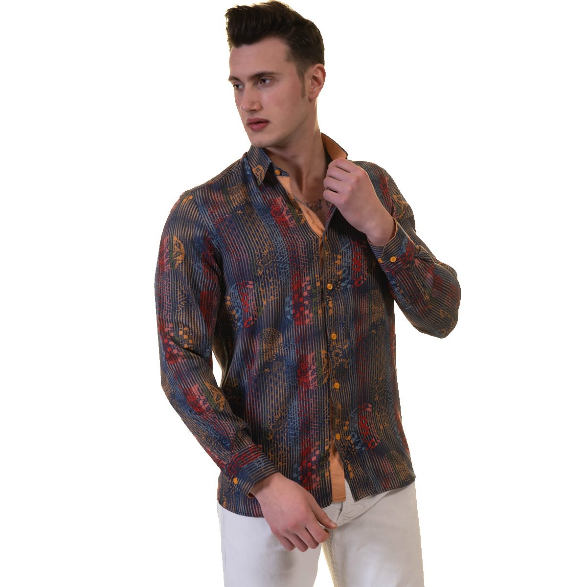 Brown Floral Mens Slim Fit Designer Dress Shirt made from luxury European cotton, featuring a spread collar and designer cuff for versatile styling.