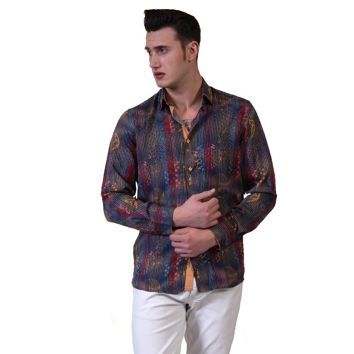 Brown Floral Mens Slim Fit Designer Dress Shirt made from luxury European cotton, featuring a spread collar and designer cuff for versatile styling.