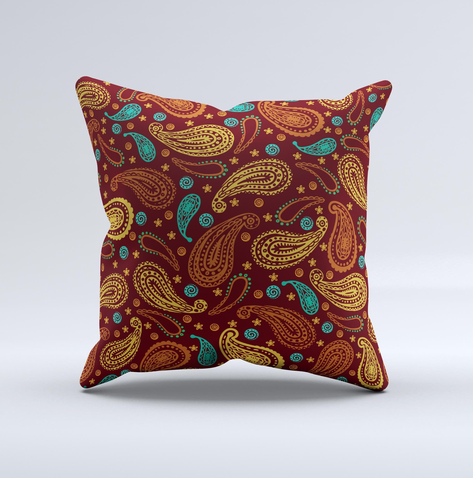Brown and gold decorative throw pillow featuring a paisley pattern, handcrafted with high-quality materials, showcasing unique imperfections.