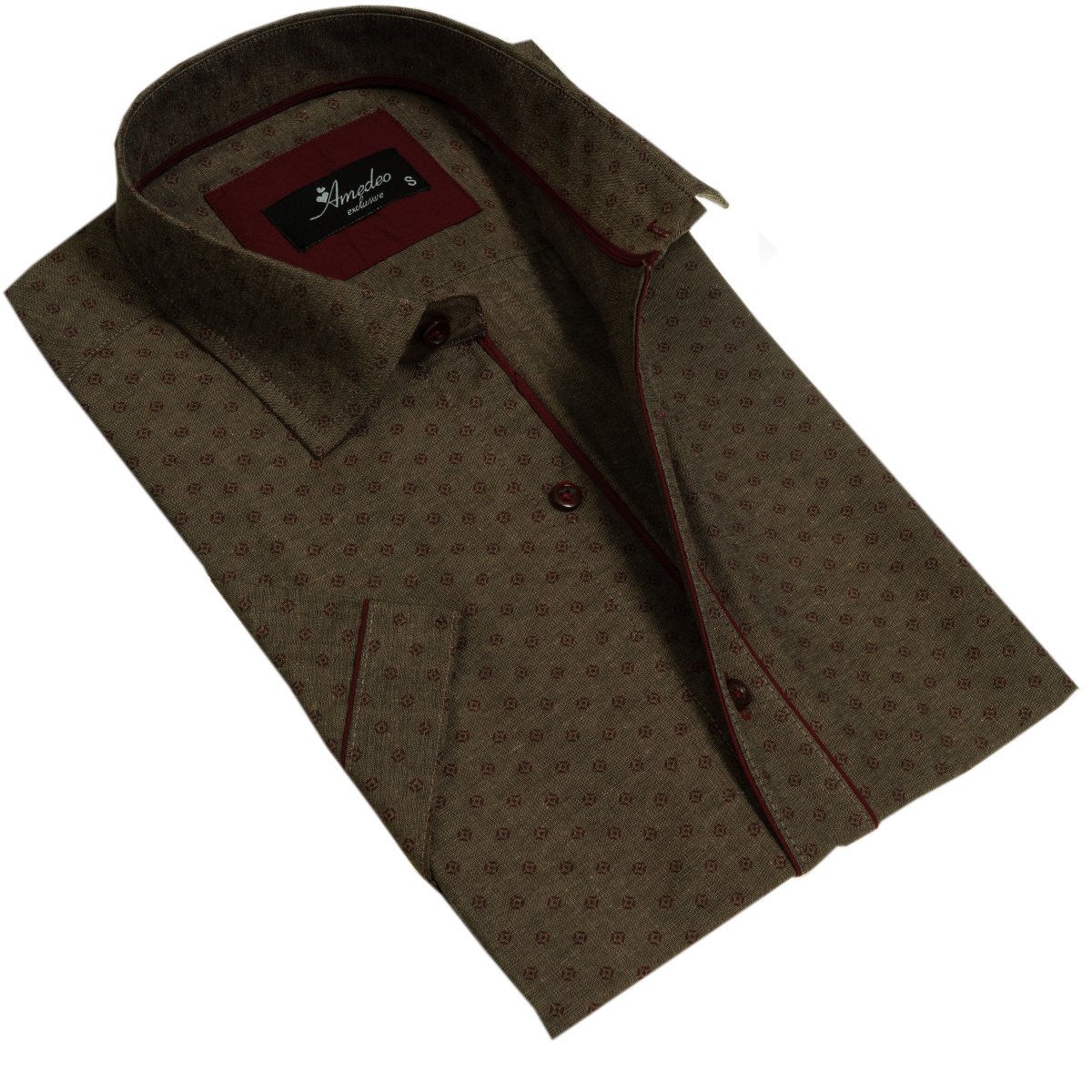 Brown men's short sleeve button-up shirt made from luxury cotton, featuring a tailored slim fit and spread collar, ideal for casual and formal occasions.