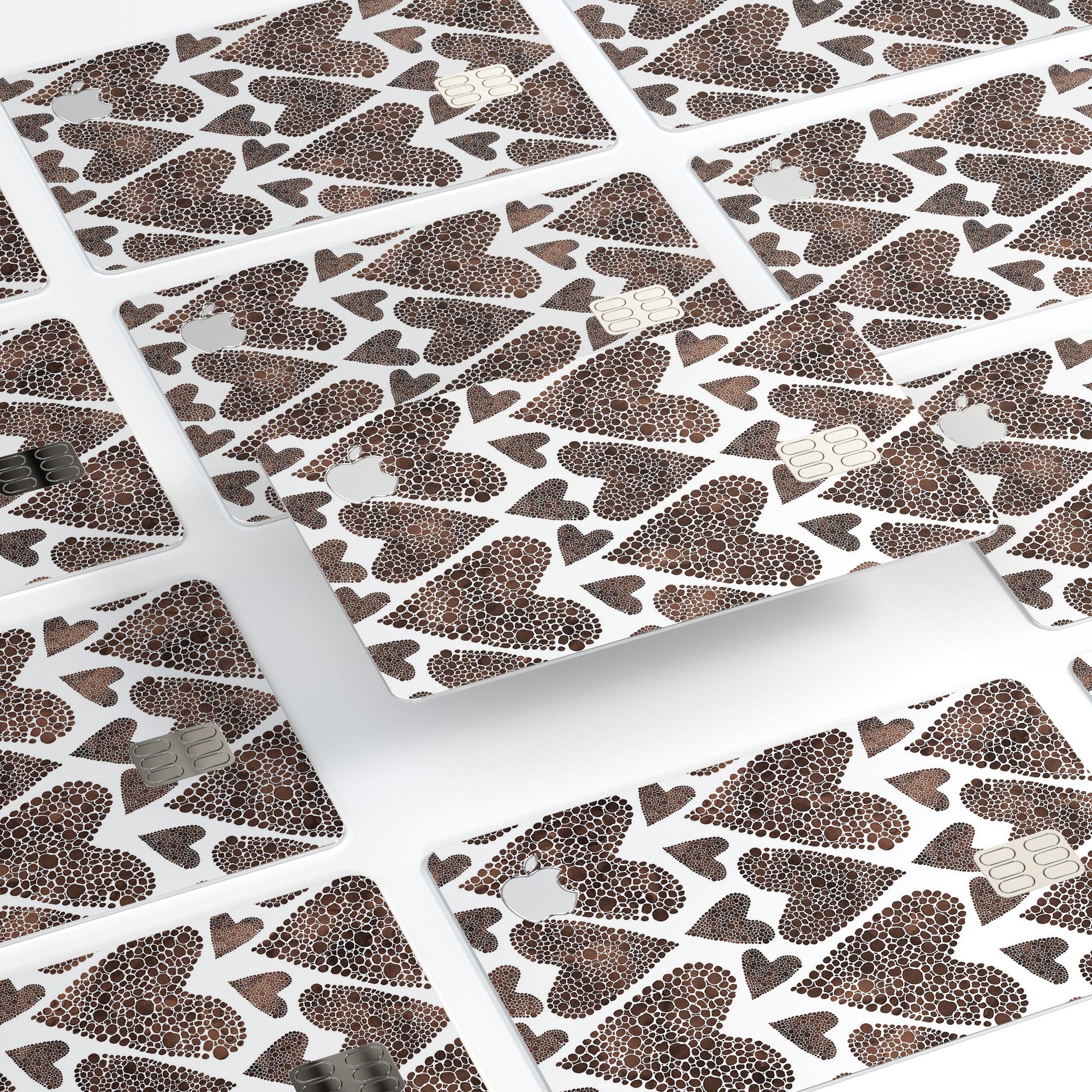 Brown Pebble Hearts decal skin for Apple Card, showcasing premium vinyl design and protective features.