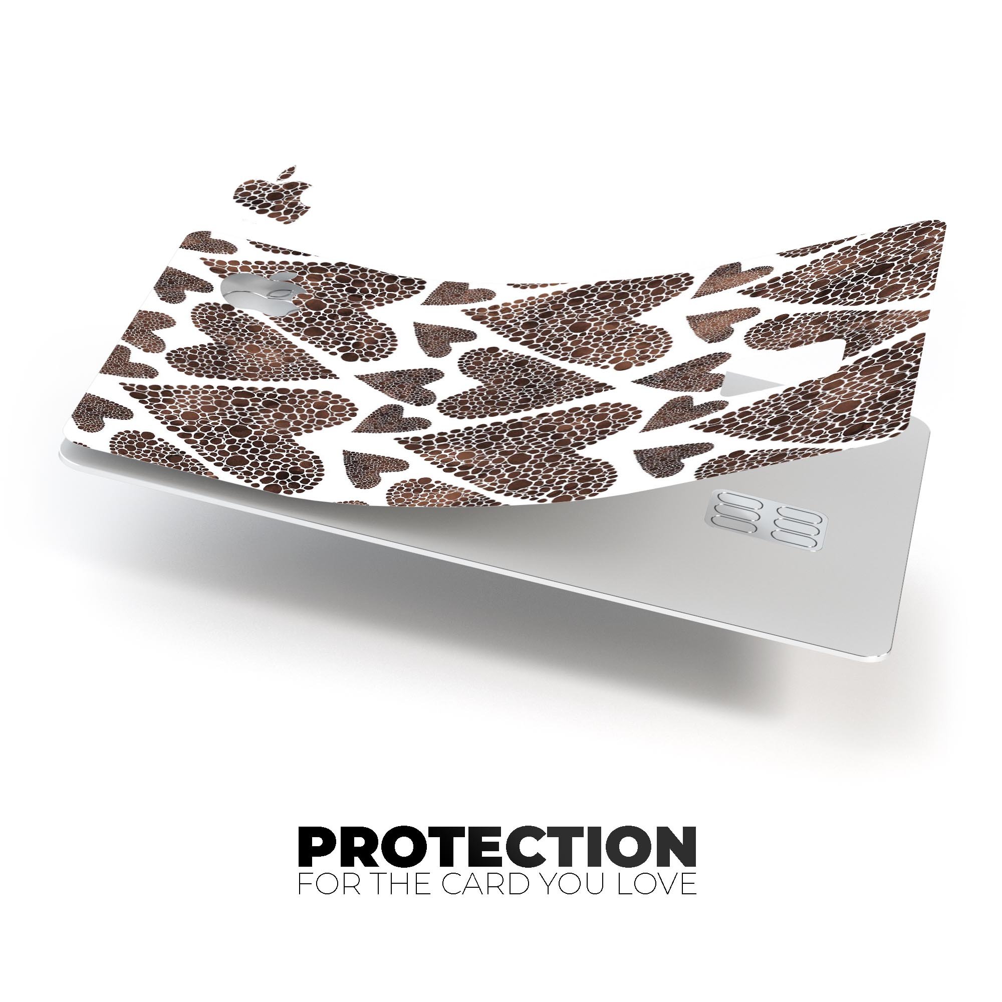 Brown Pebble Hearts decal skin for Apple Card, showcasing premium vinyl design and protective features.