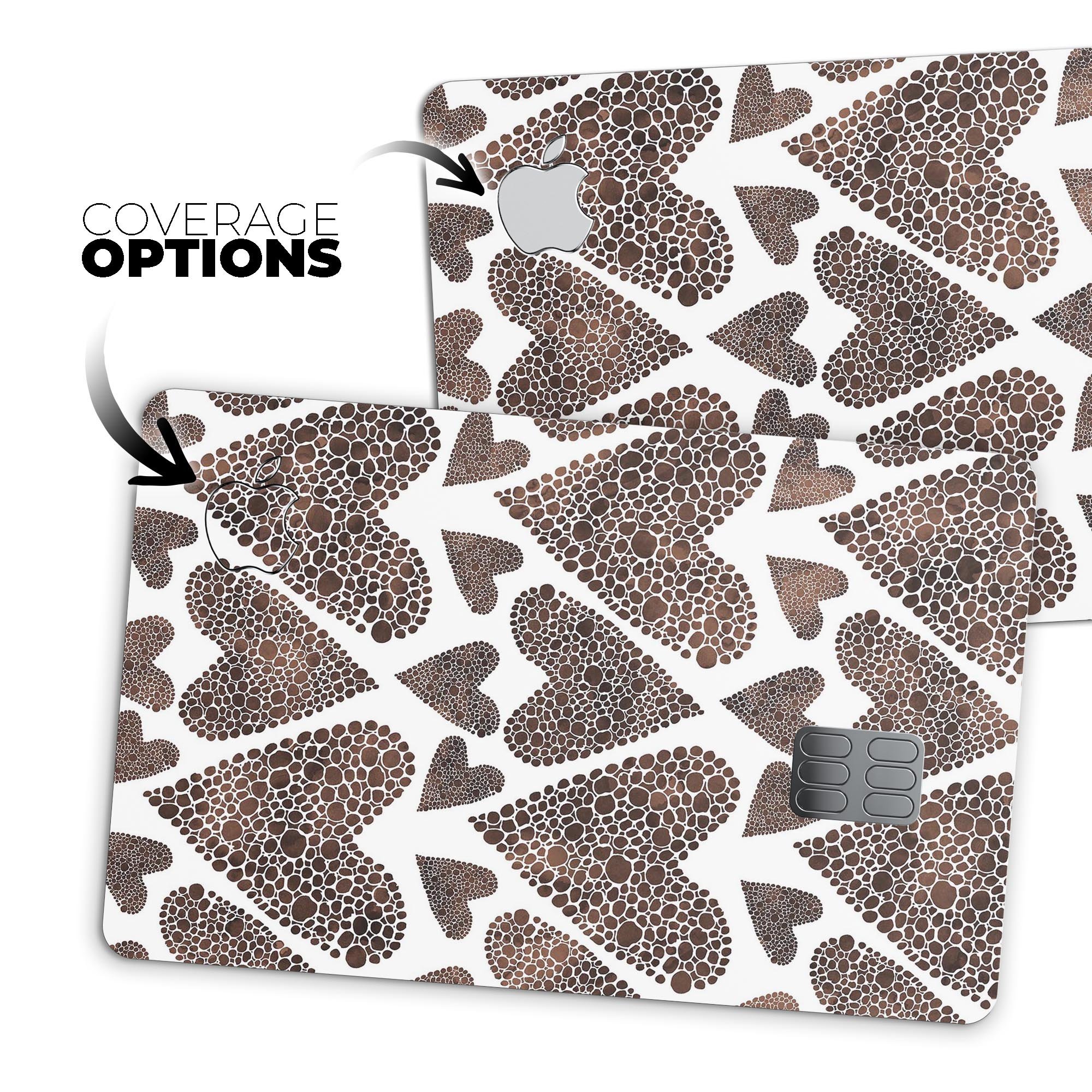 Brown Pebble Hearts decal skin for Apple Card, showcasing premium vinyl design and protective features.