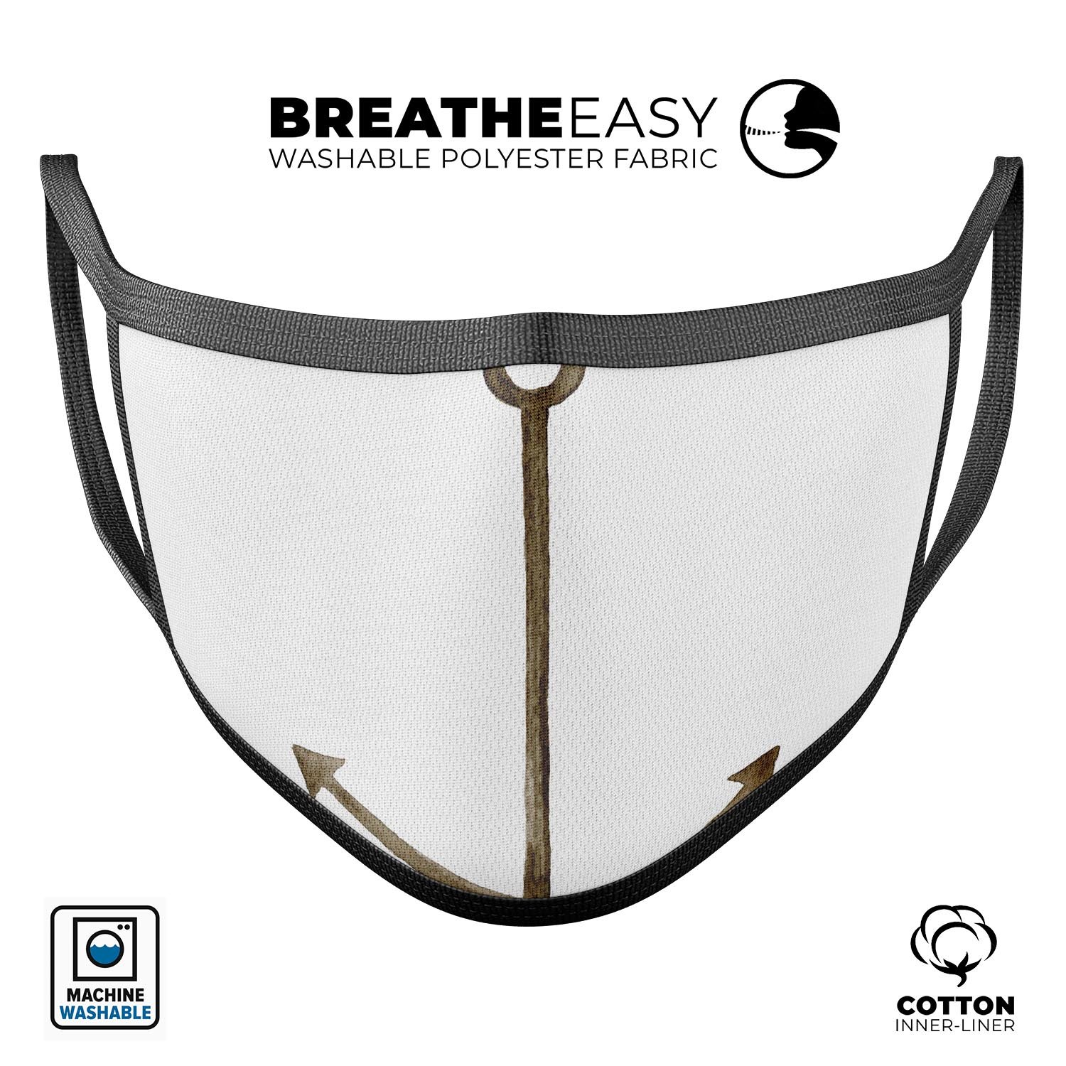 Brown rusted watercolored anchor design on a unisex mouth cover, showcasing vibrant colors and adjustable ear loops.