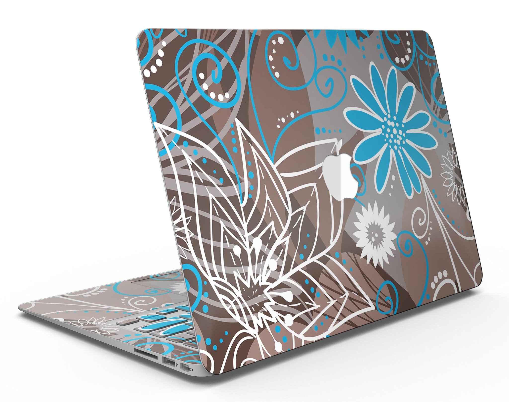 A MacBook Air covered with a whimsical floral skin featuring a brown surface adorned with blue and white flowers, showcasing style and protection.