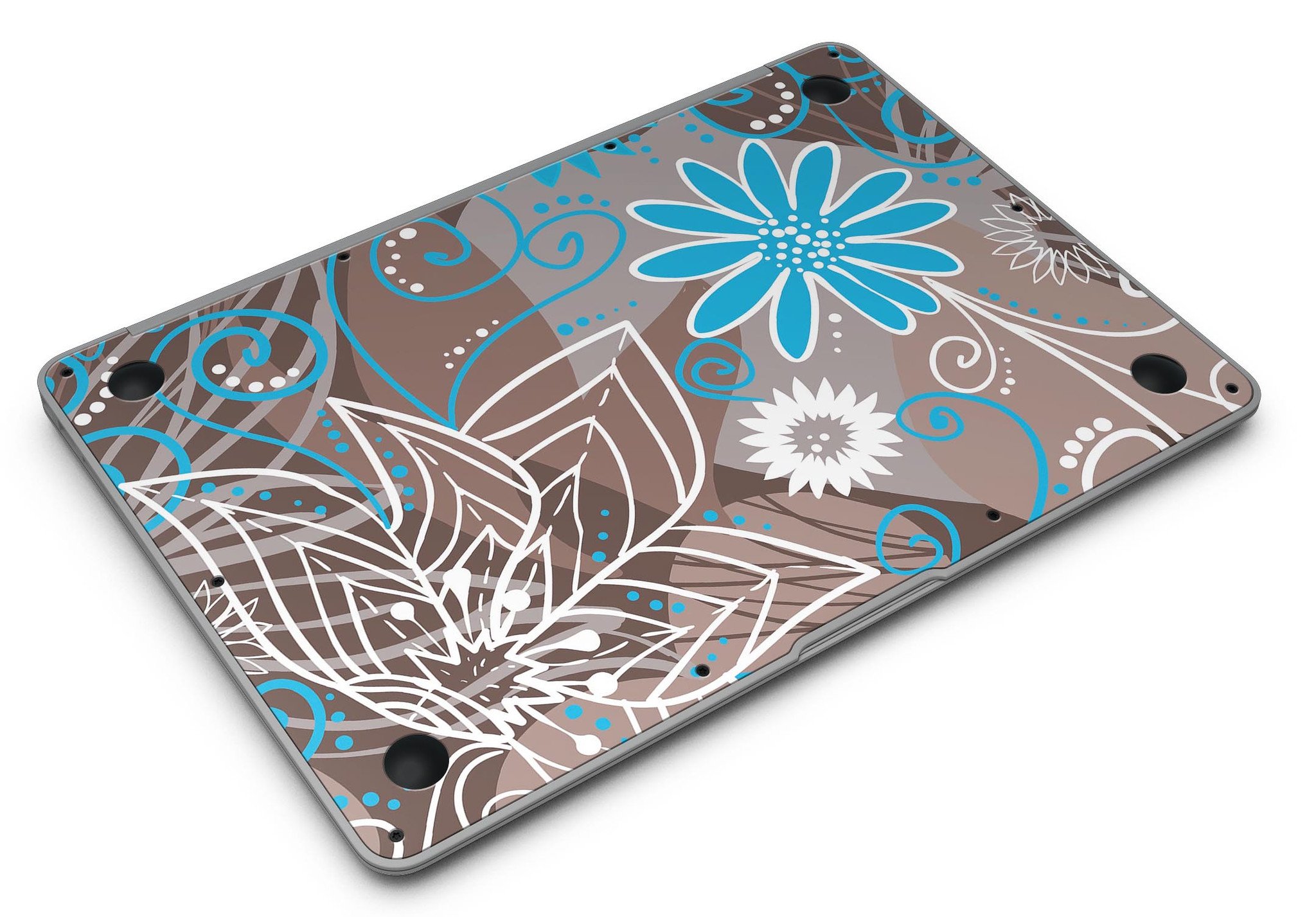 A MacBook Air covered with a whimsical floral skin featuring a brown surface adorned with blue and white flowers, showcasing style and protection.