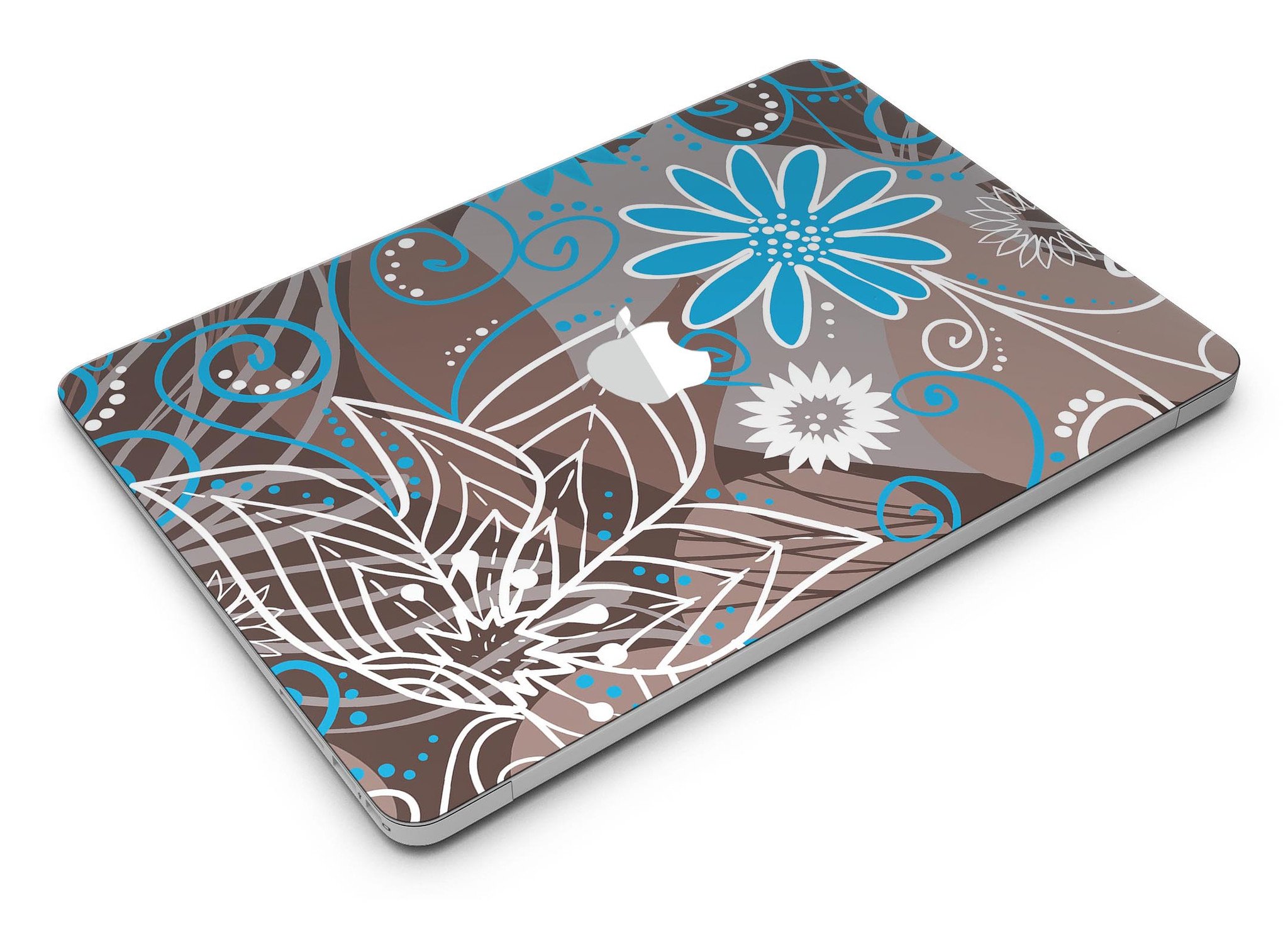 A MacBook Air covered with a whimsical floral skin featuring a brown surface adorned with blue and white flowers, showcasing style and protection.
