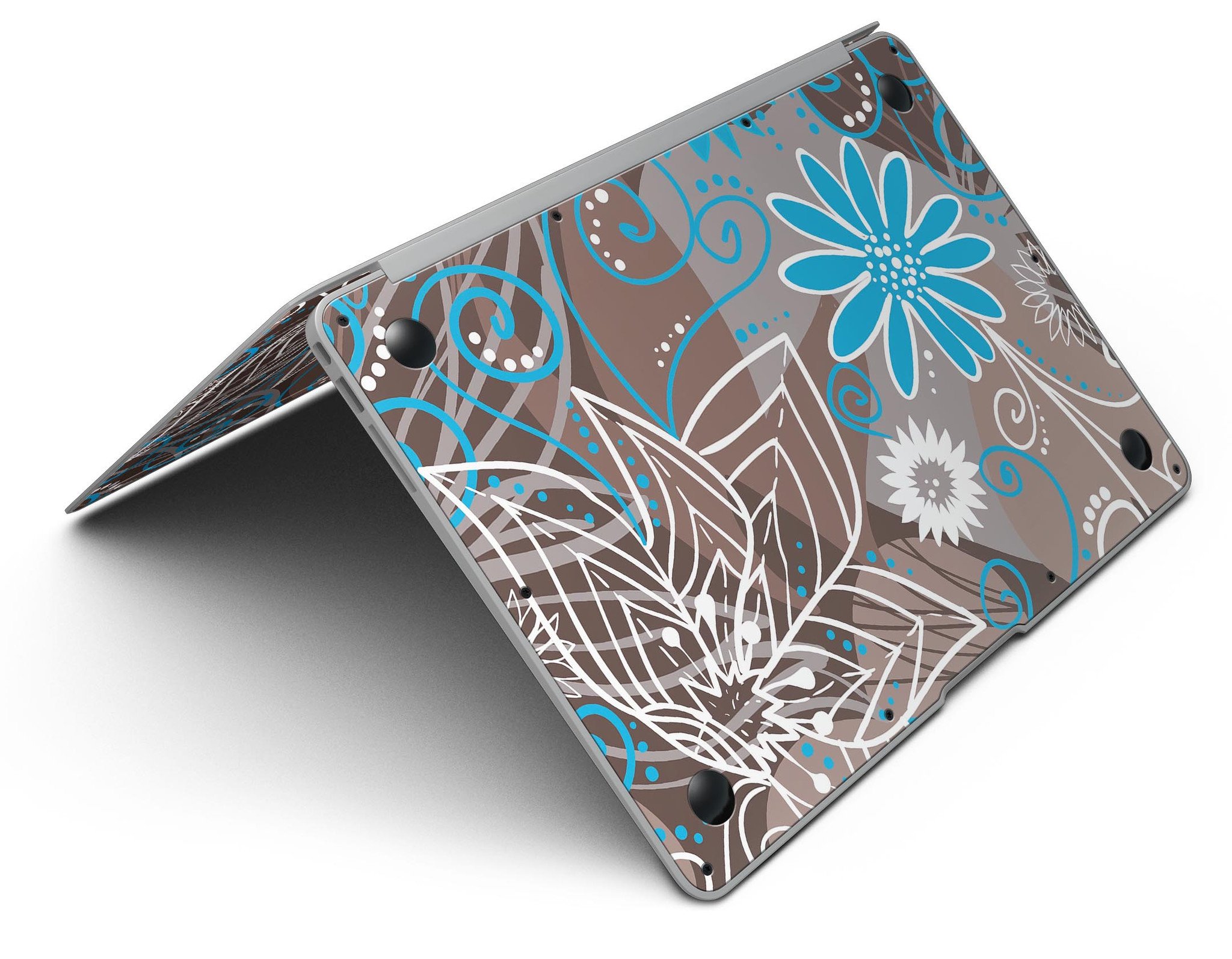 A MacBook Air covered with a whimsical floral skin featuring a brown surface adorned with blue and white flowers, showcasing style and protection.