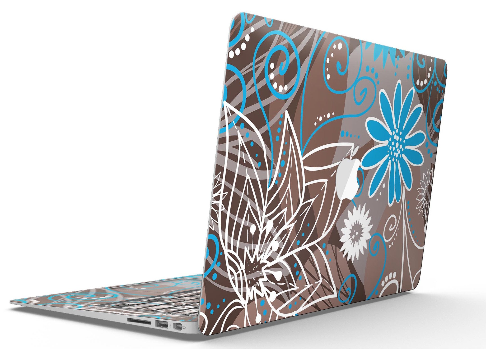 A MacBook Air covered with a whimsical floral skin featuring a brown surface adorned with blue and white flowers, showcasing style and protection.