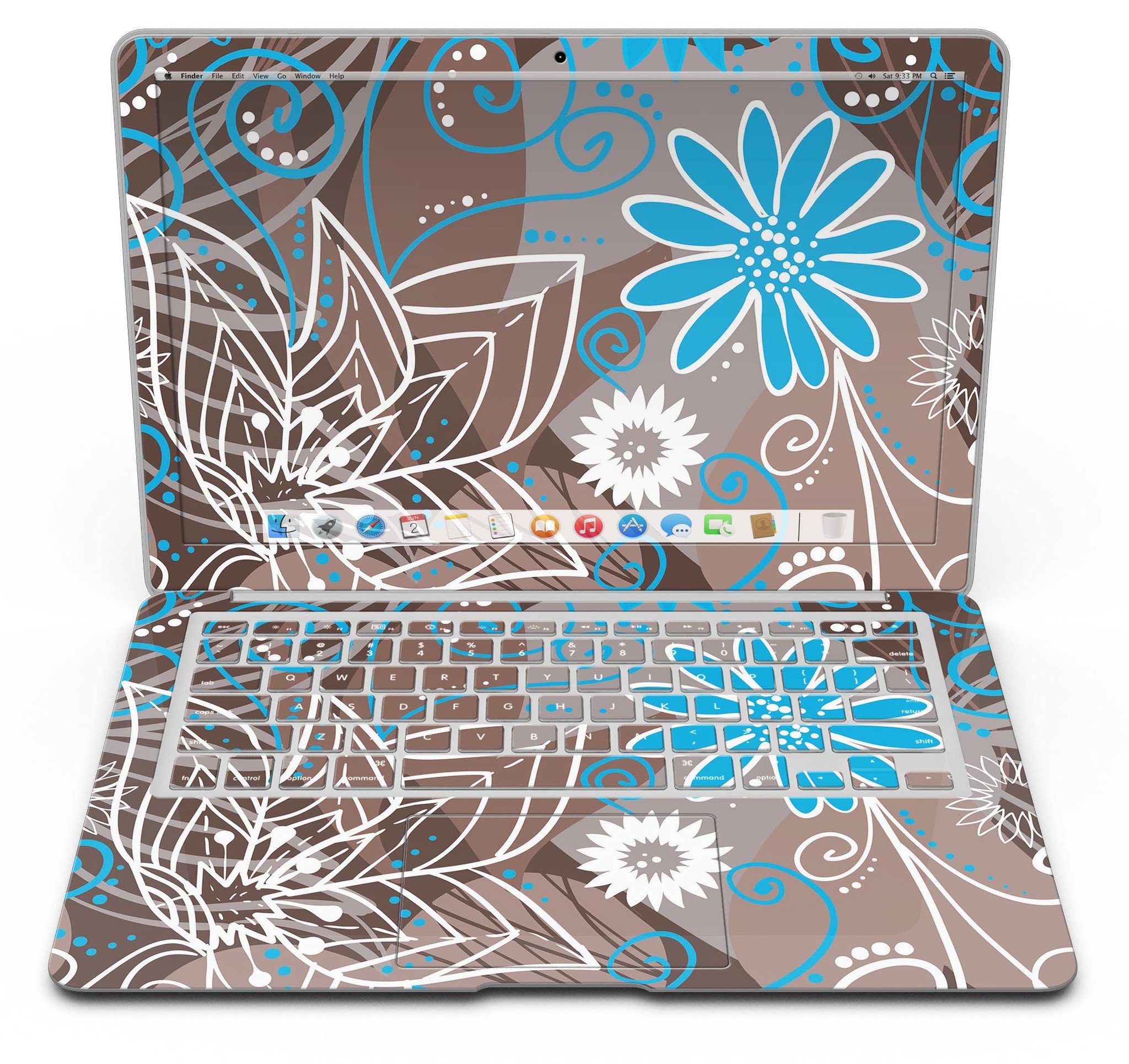A MacBook Air covered with a whimsical floral skin featuring a brown surface adorned with blue and white flowers, showcasing style and protection.