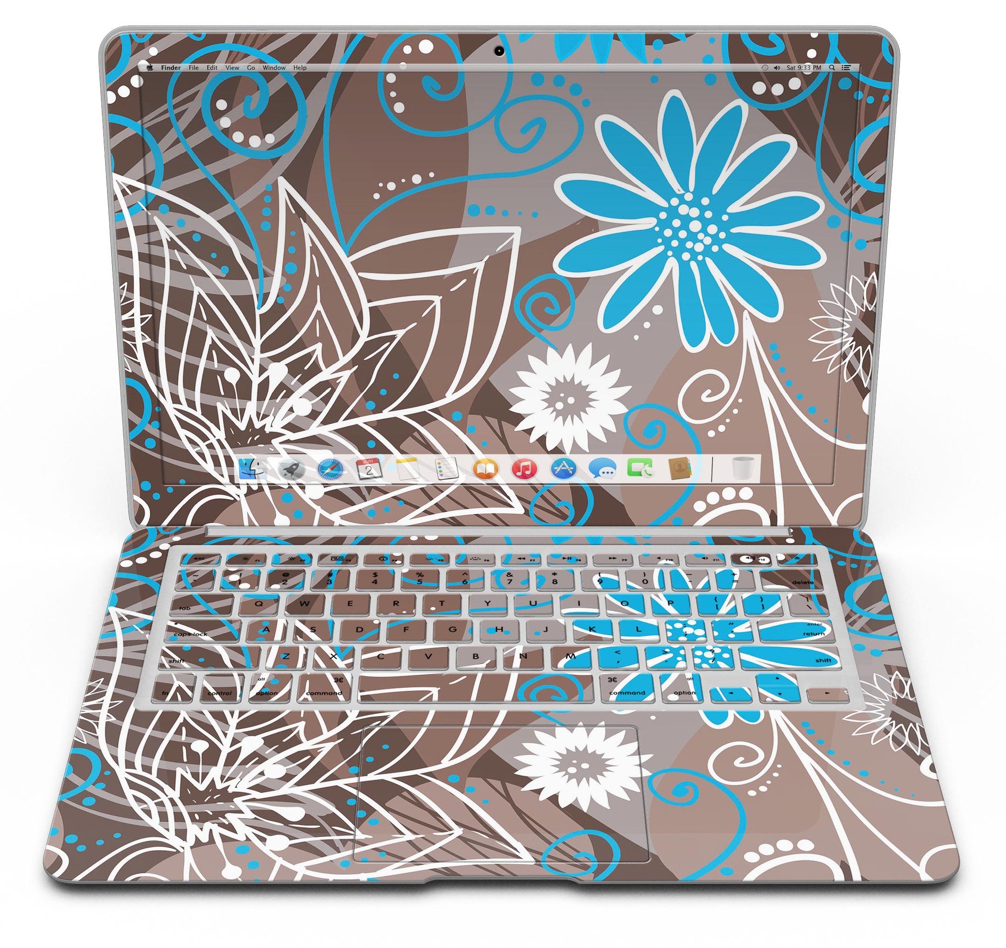 A MacBook Air covered with a whimsical floral skin featuring a brown surface adorned with blue and white flowers, showcasing style and protection.
