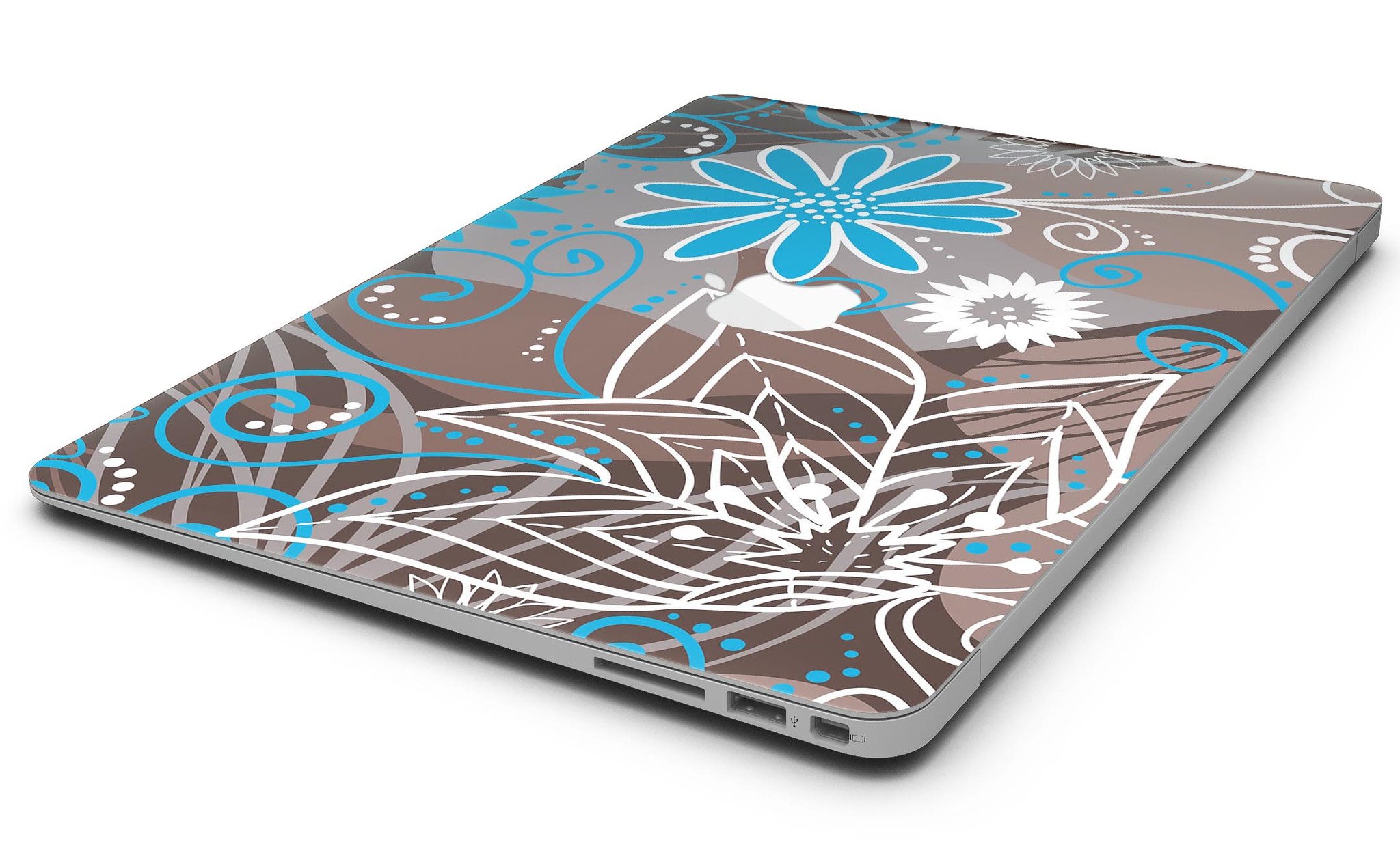 A MacBook Air covered with a whimsical floral skin featuring a brown surface adorned with blue and white flowers, showcasing style and protection.