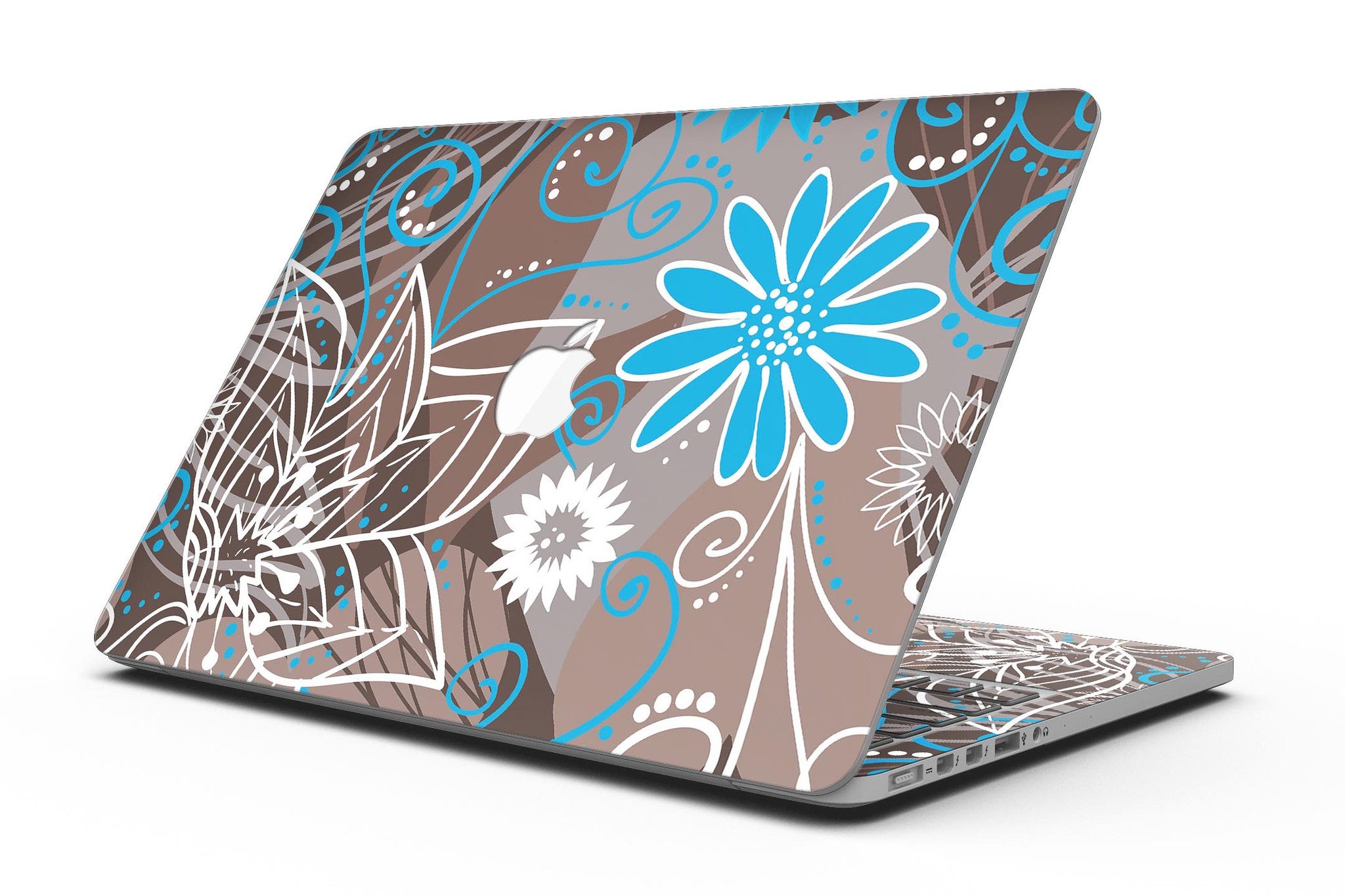 A MacBook Pro with a whimsical floral skin featuring a brown surface adorned with blue and white floral patterns, showcasing style and protection.