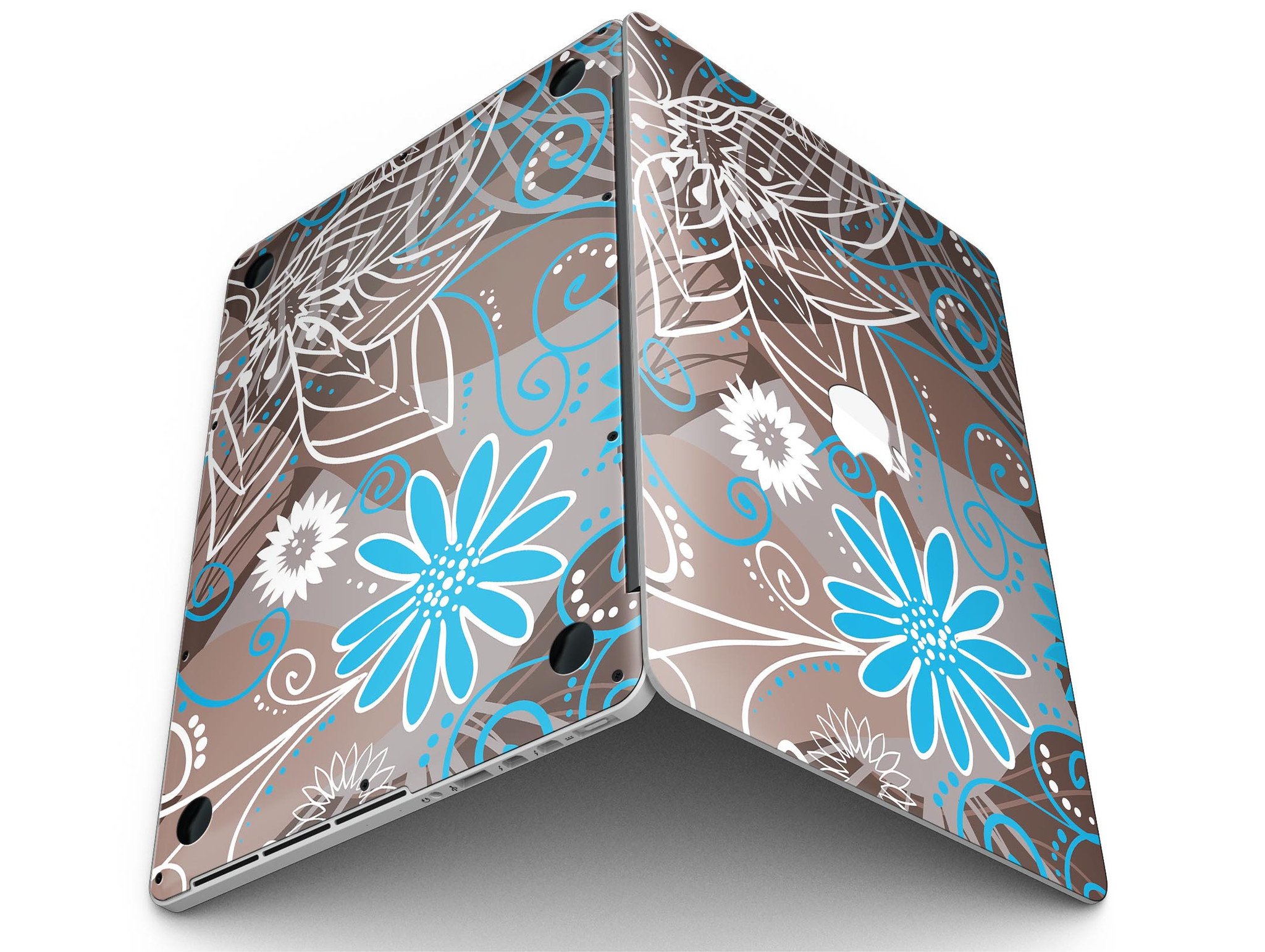 A MacBook Pro with a whimsical floral skin featuring a brown surface adorned with blue and white floral patterns, showcasing style and protection.