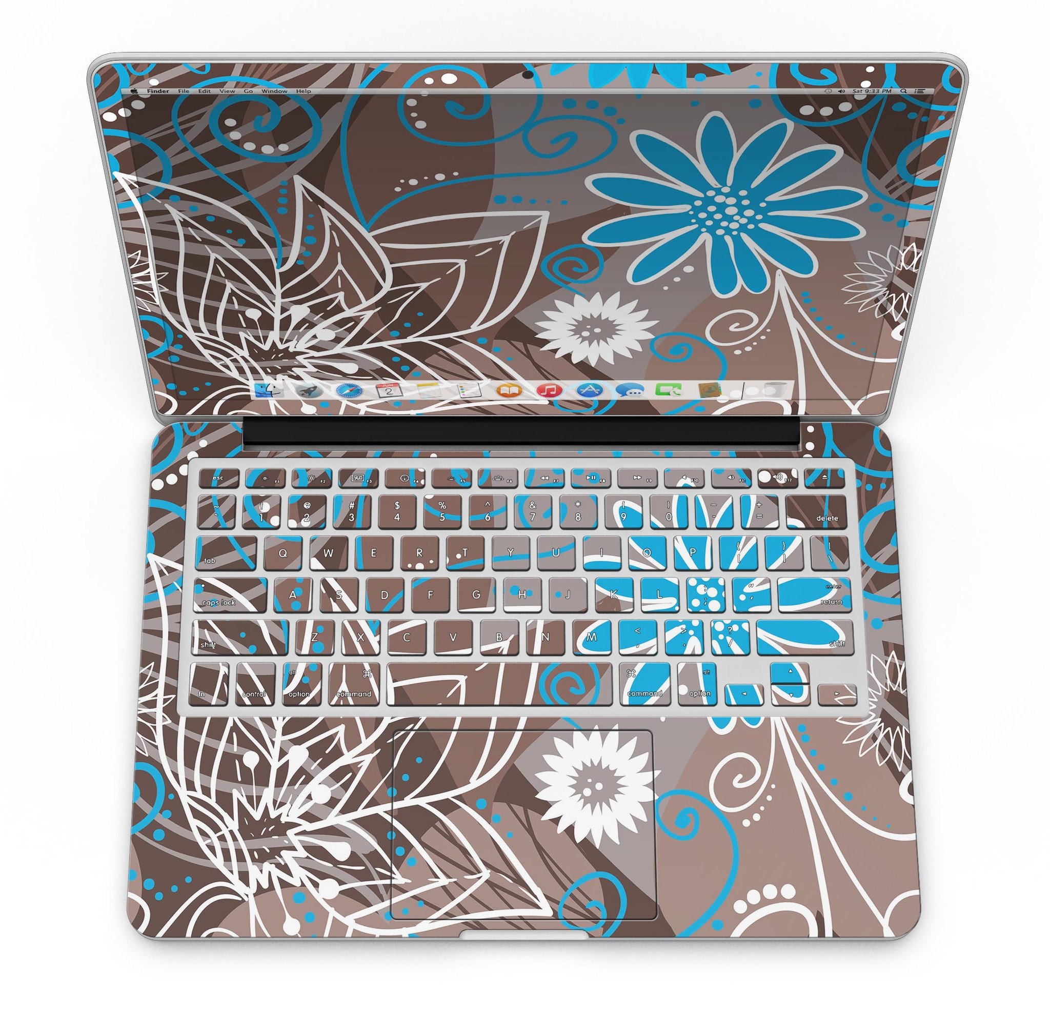 A MacBook Pro with a whimsical floral skin featuring a brown surface adorned with blue and white floral patterns, showcasing style and protection.