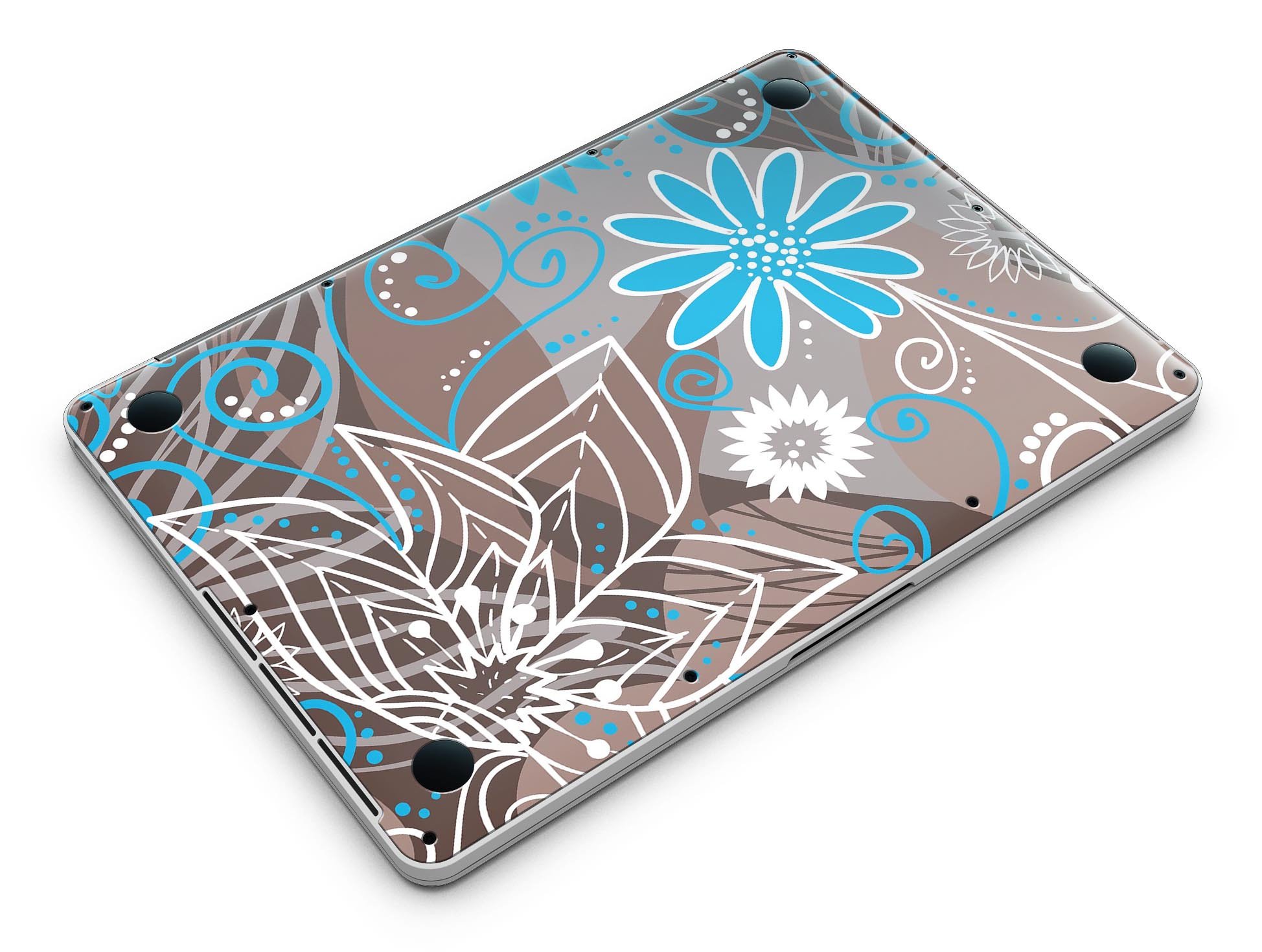 A MacBook Pro with a whimsical floral skin featuring a brown surface adorned with blue and white floral patterns, showcasing style and protection.