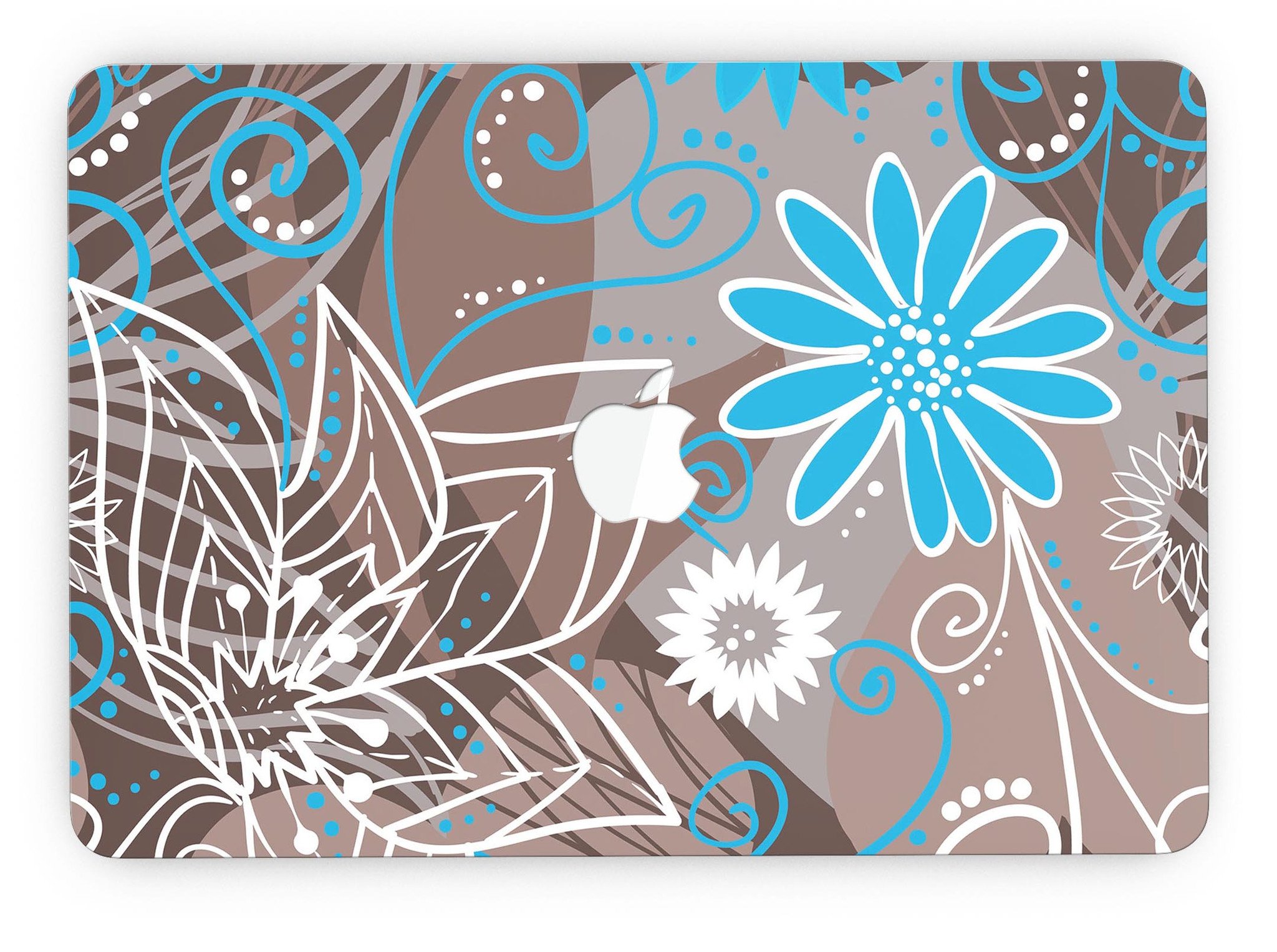 A MacBook Pro with a whimsical floral skin featuring a brown surface adorned with blue and white floral patterns, showcasing style and protection.