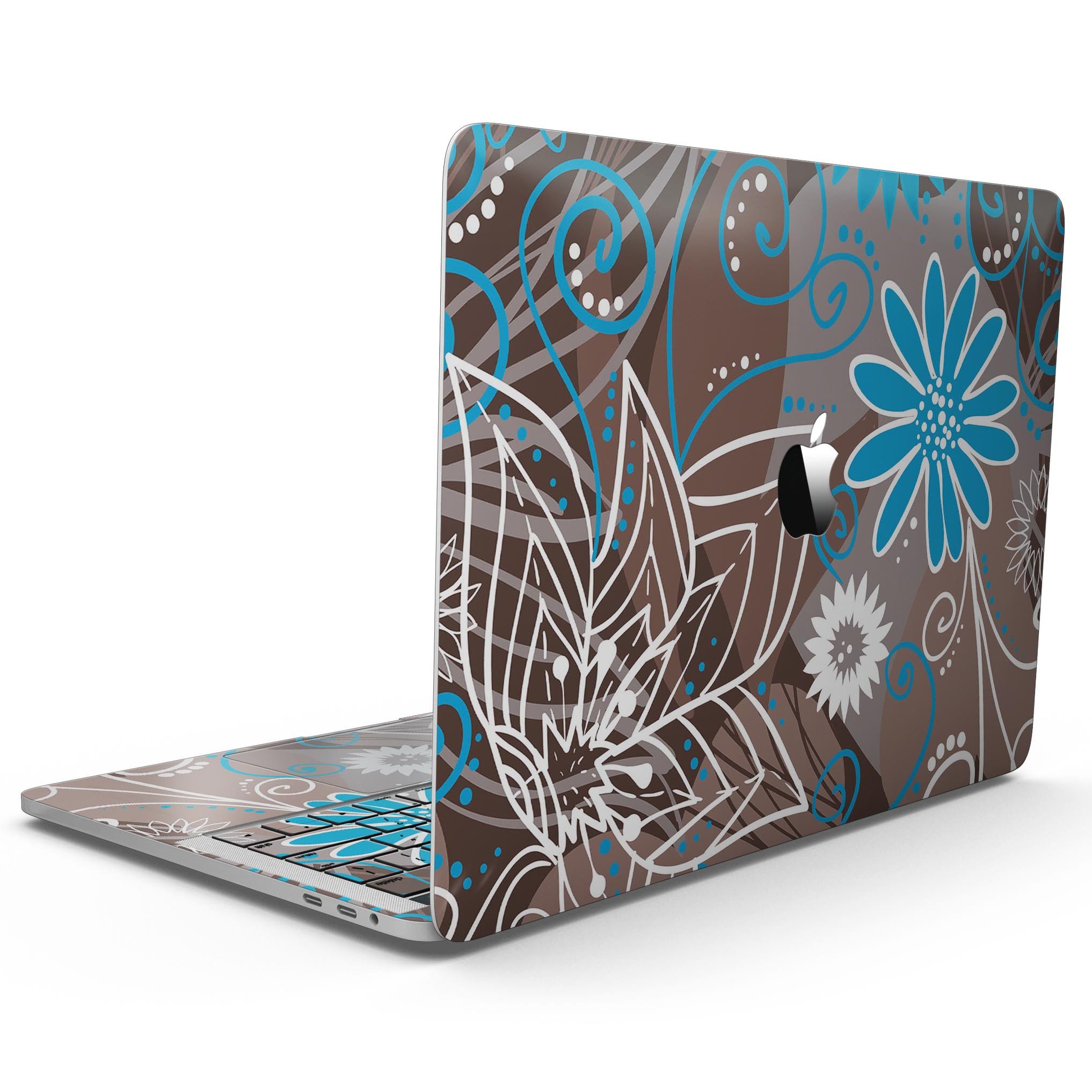 A MacBook Pro covered with a brown surface featuring a whimsical floral pattern in blue and white, showcasing its stylish design.