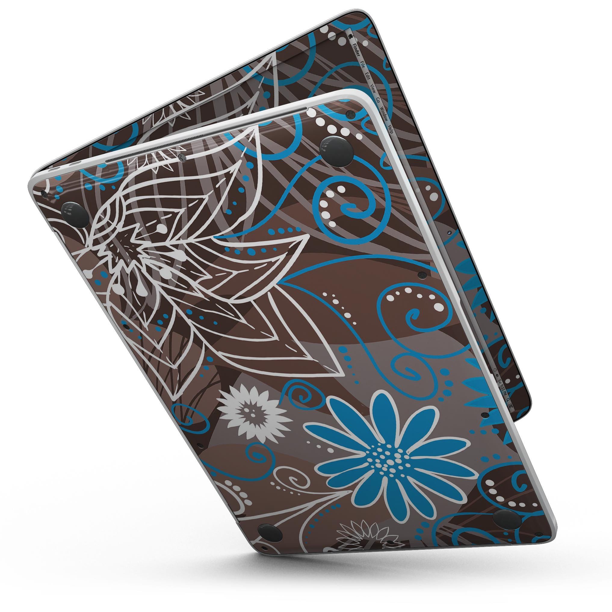 A MacBook Pro covered with a brown surface featuring a whimsical floral pattern in blue and white, showcasing its stylish design.