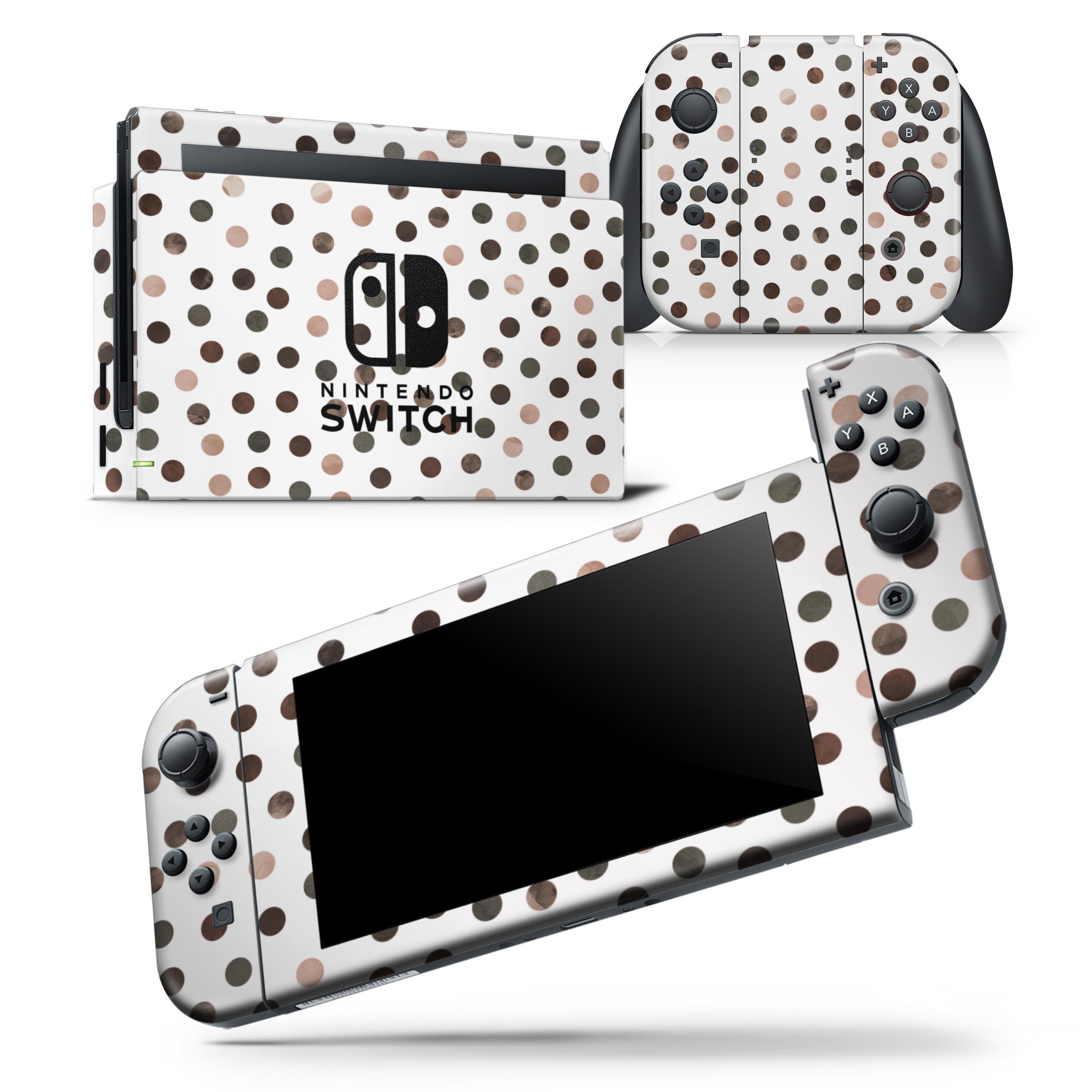 Brown Watercolor Dots skin wrap decal for Nintendo Switch, showcasing a stylish design that fits the console and controllers perfectly.