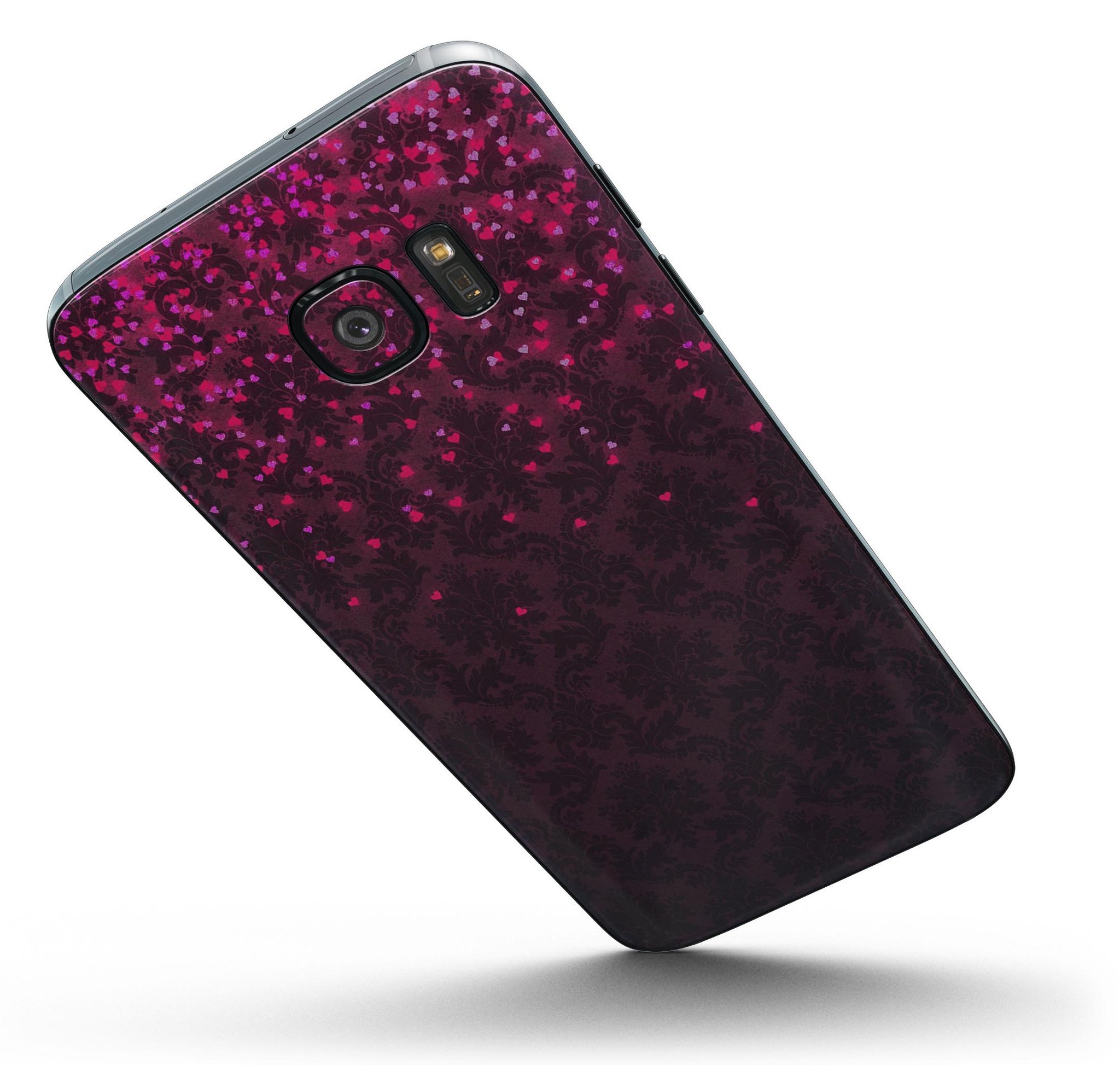 Burgundy Falling Micro Hearts skin for Samsung Galaxy S7/S7 Edge, showcasing vibrant heart patterns on a sleek vinyl surface.