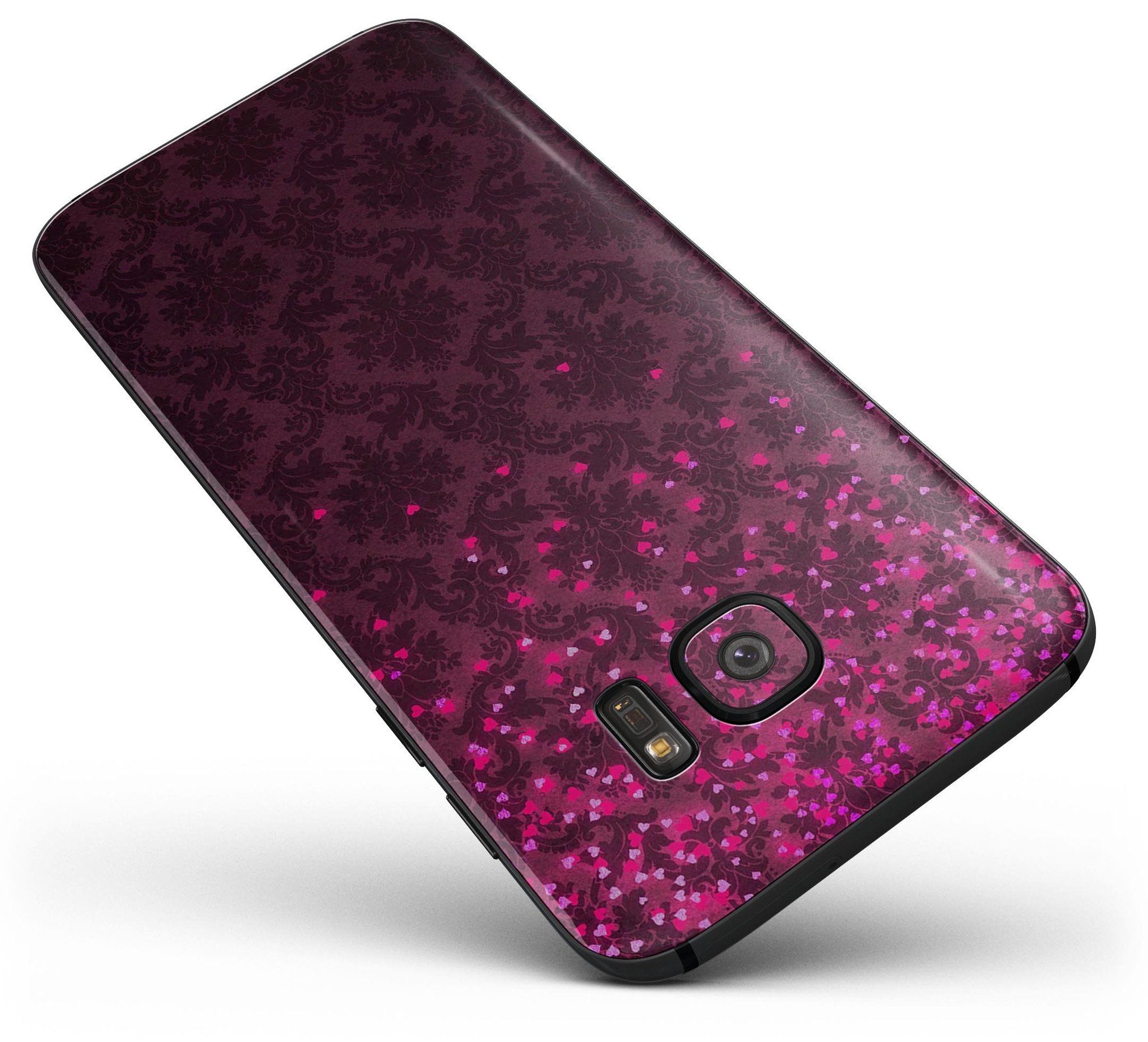Burgundy Falling Micro Hearts skin for Samsung Galaxy S7/S7 Edge, showcasing vibrant heart patterns on a sleek vinyl surface.
