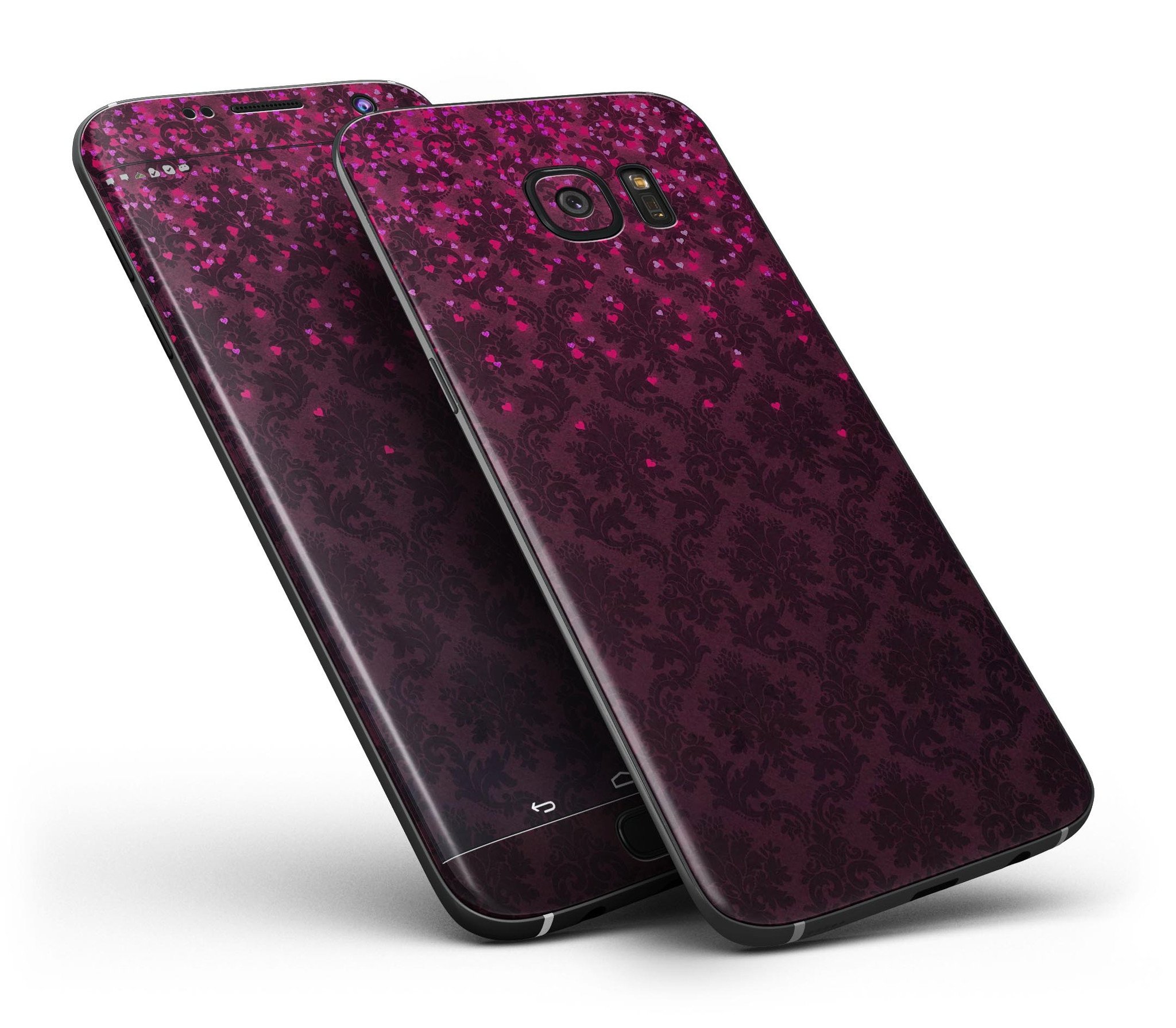 Burgundy Falling Micro Hearts skin for Samsung Galaxy S7/S7 Edge, showcasing vibrant heart patterns on a sleek vinyl surface.