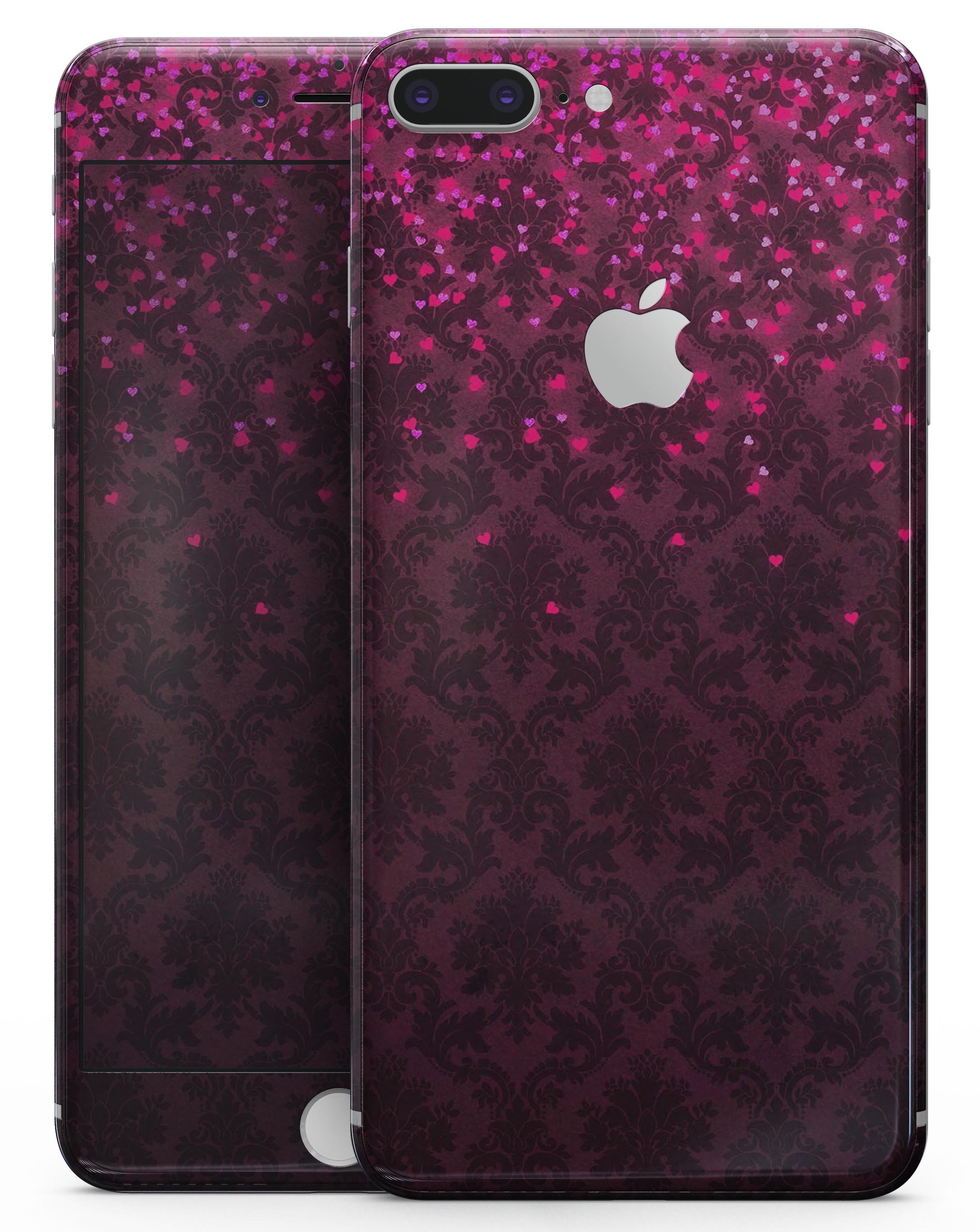 Burgundy Falling Micro Hearts skin for iPhone 8 and 8 Plus, showcasing a stylish design with a vibrant heart pattern.