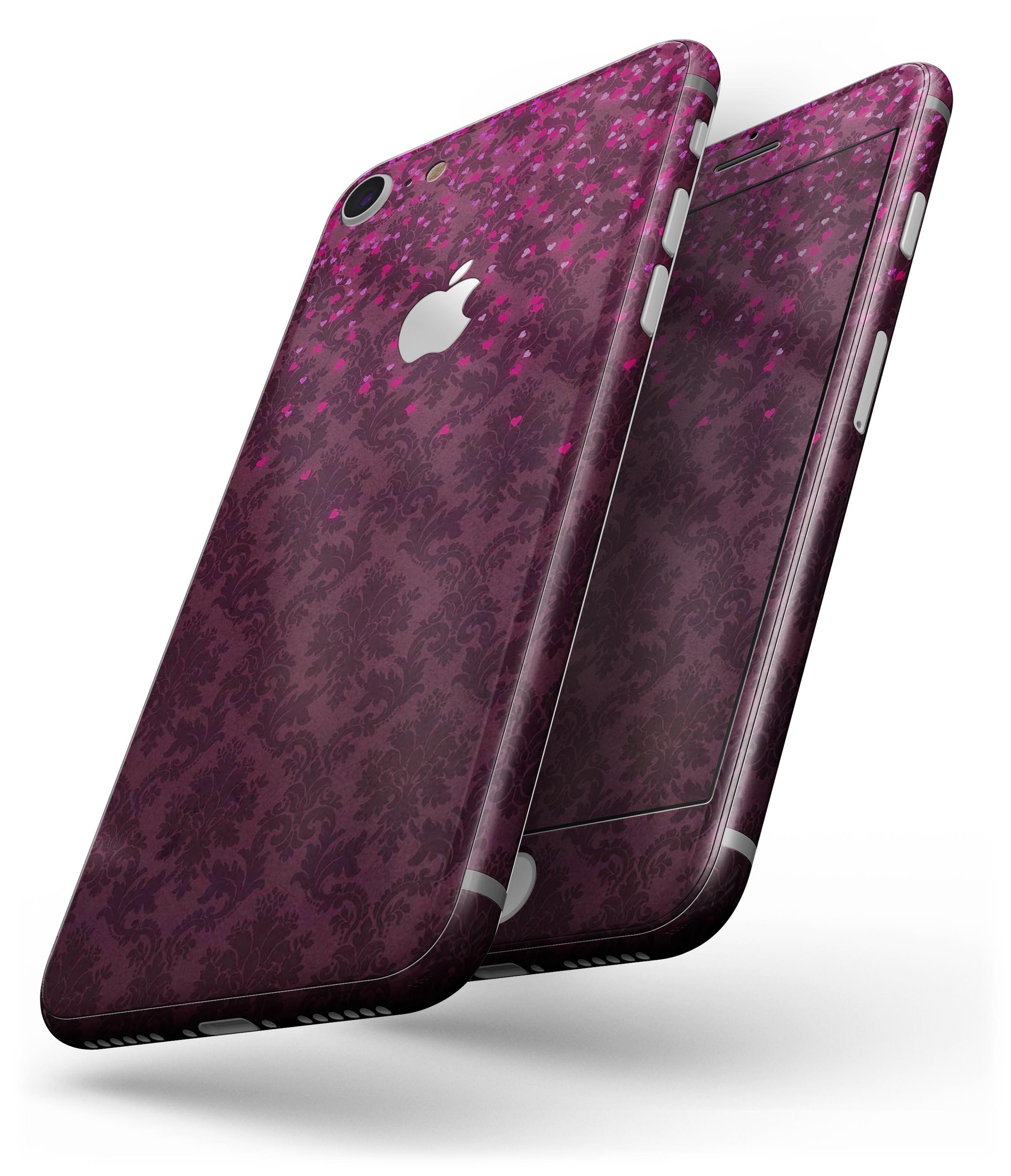 Burgundy Falling Micro Hearts skin for iPhone 8 and 8 Plus, showcasing a stylish design with a vibrant heart pattern.
