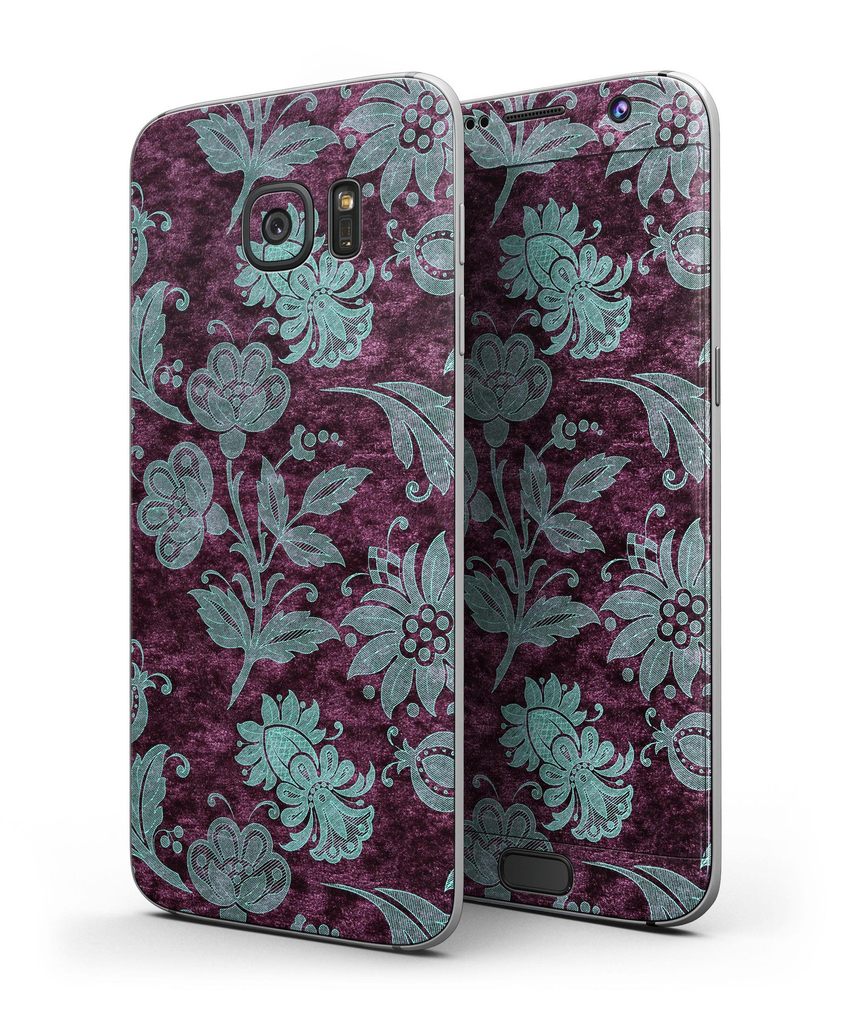 Burgundy and turquoise floral velvet skin kit for Samsung Galaxy S7 and S7 Edge, showcasing vibrant floral patterns on premium vinyl.