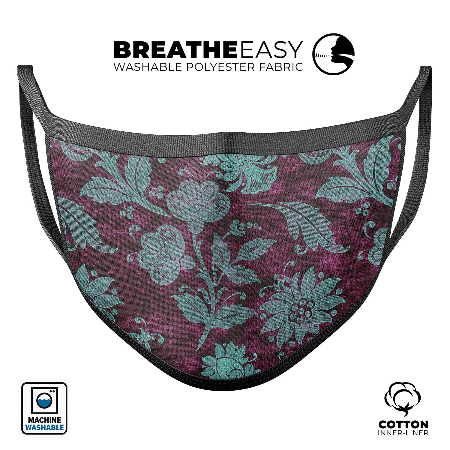 Burgundy and Turquoise Floral Velvet mouth cover, showcasing a vibrant floral pattern on a comfortable 3D face mask design.