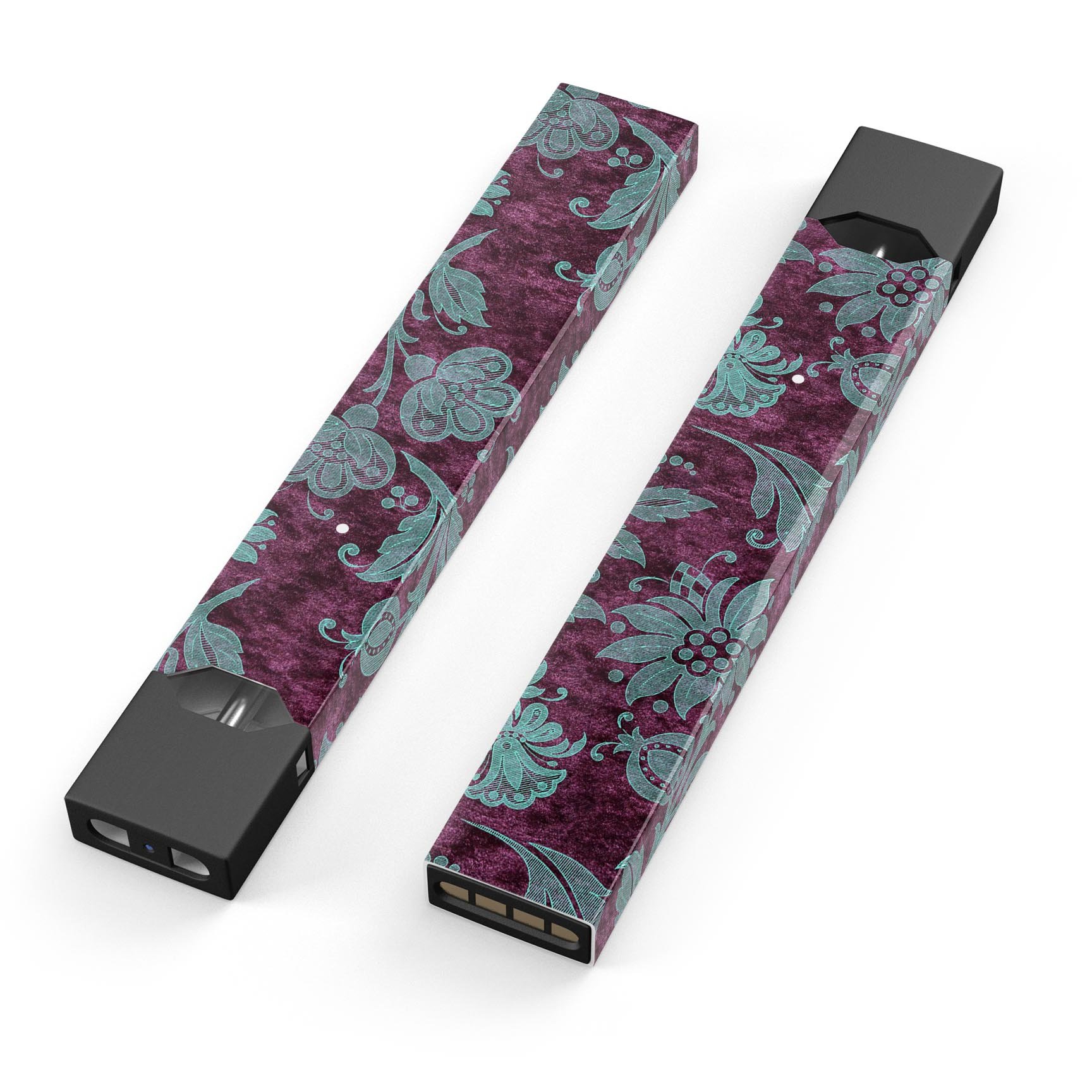 Burgundy and Turquoise Floral Velvet decal skin for JUUL vaping device, showcasing vibrant floral patterns and premium quality.