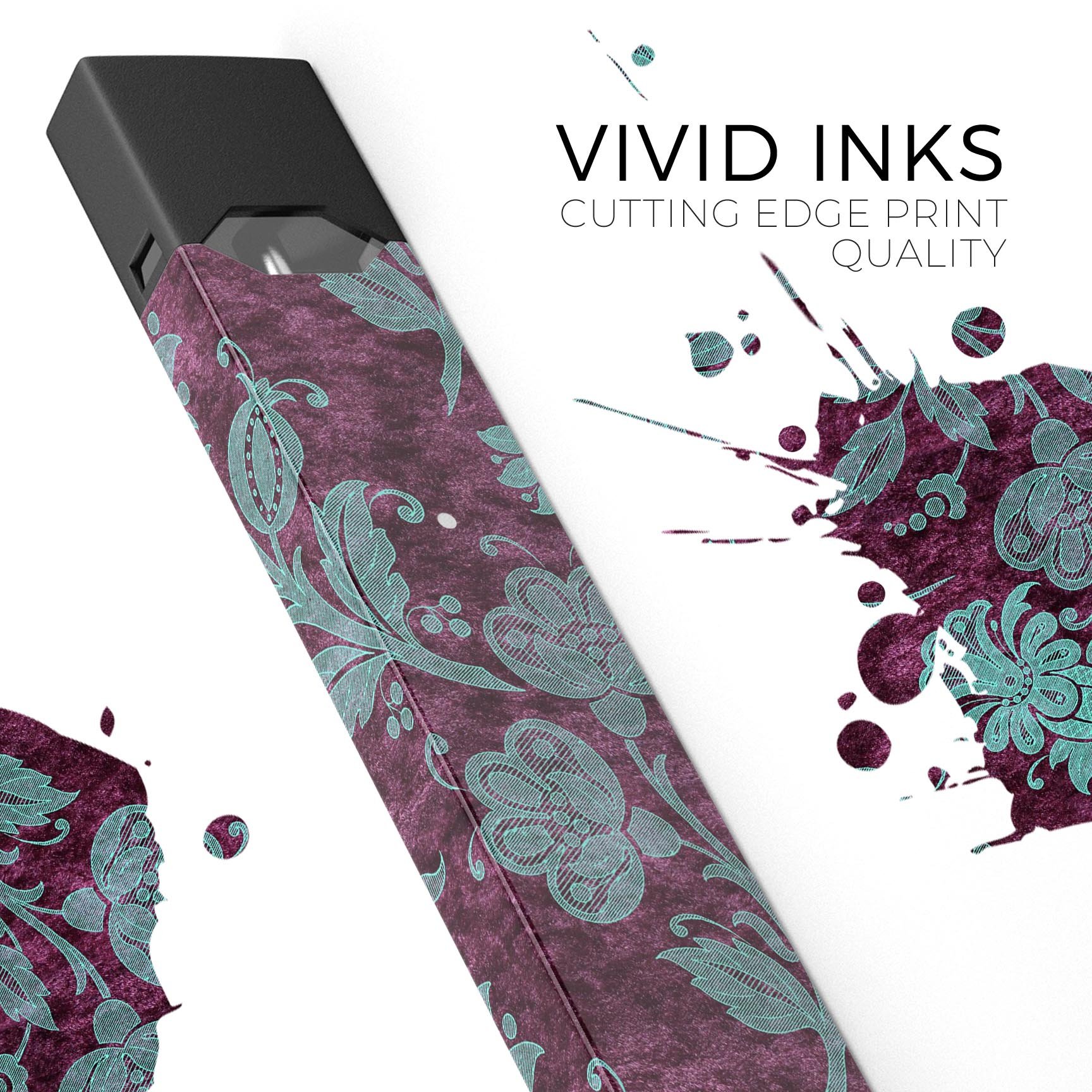 Burgundy and Turquoise Floral Velvet decal skin for JUUL vaping device, showcasing vibrant floral patterns and premium quality.