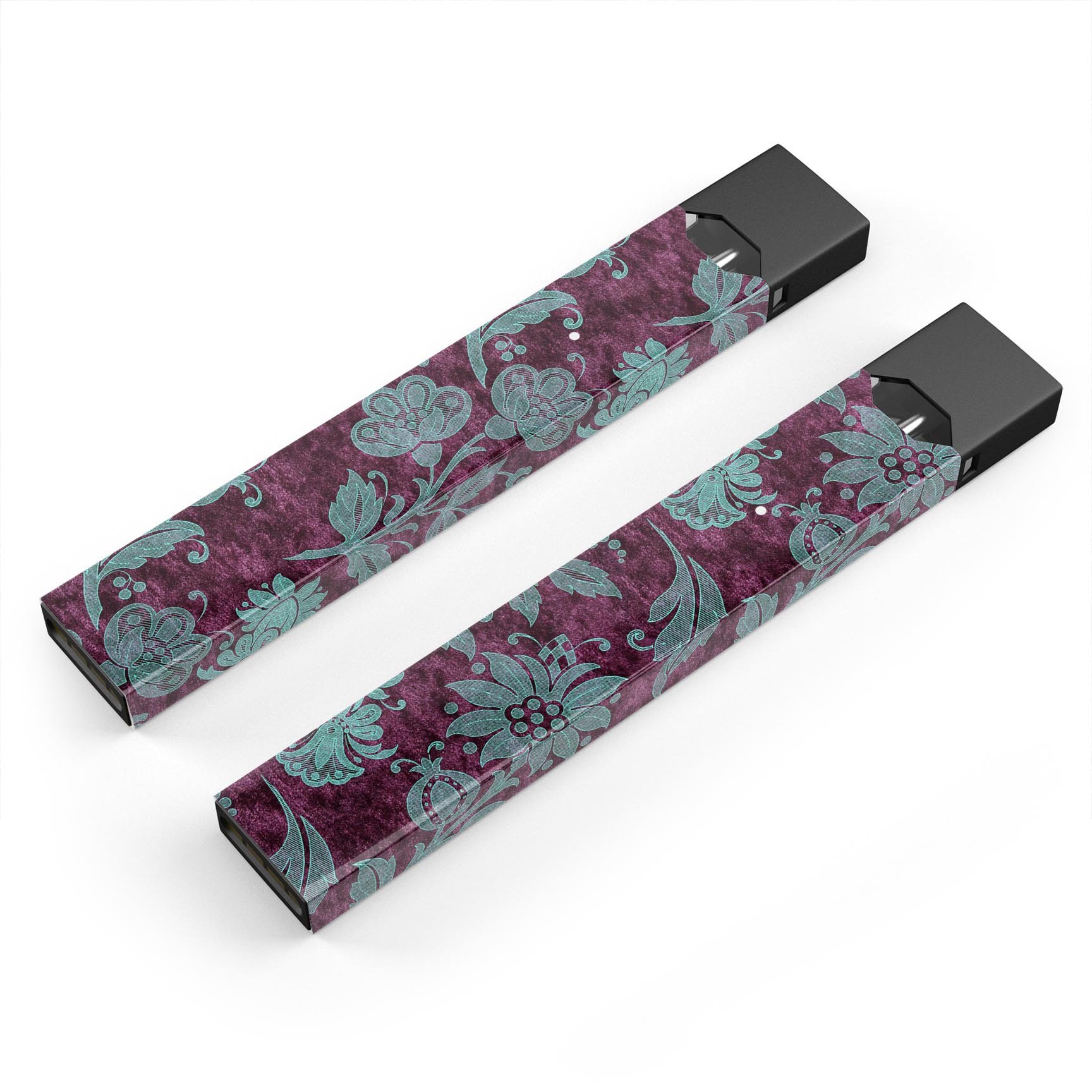Burgundy and Turquoise Floral Velvet decal skin for JUUL vaping device, showcasing vibrant floral patterns and premium quality.
